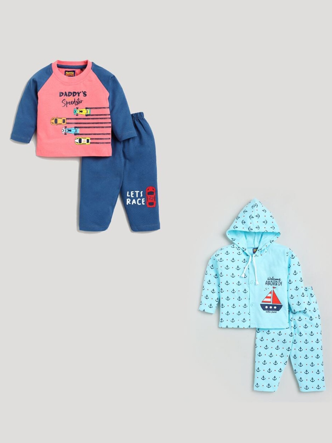 Nottie Planet Unisex Kids Blue & Pink Printed Pack Of 2 Pure Cotton T-shirt with Pyjamas