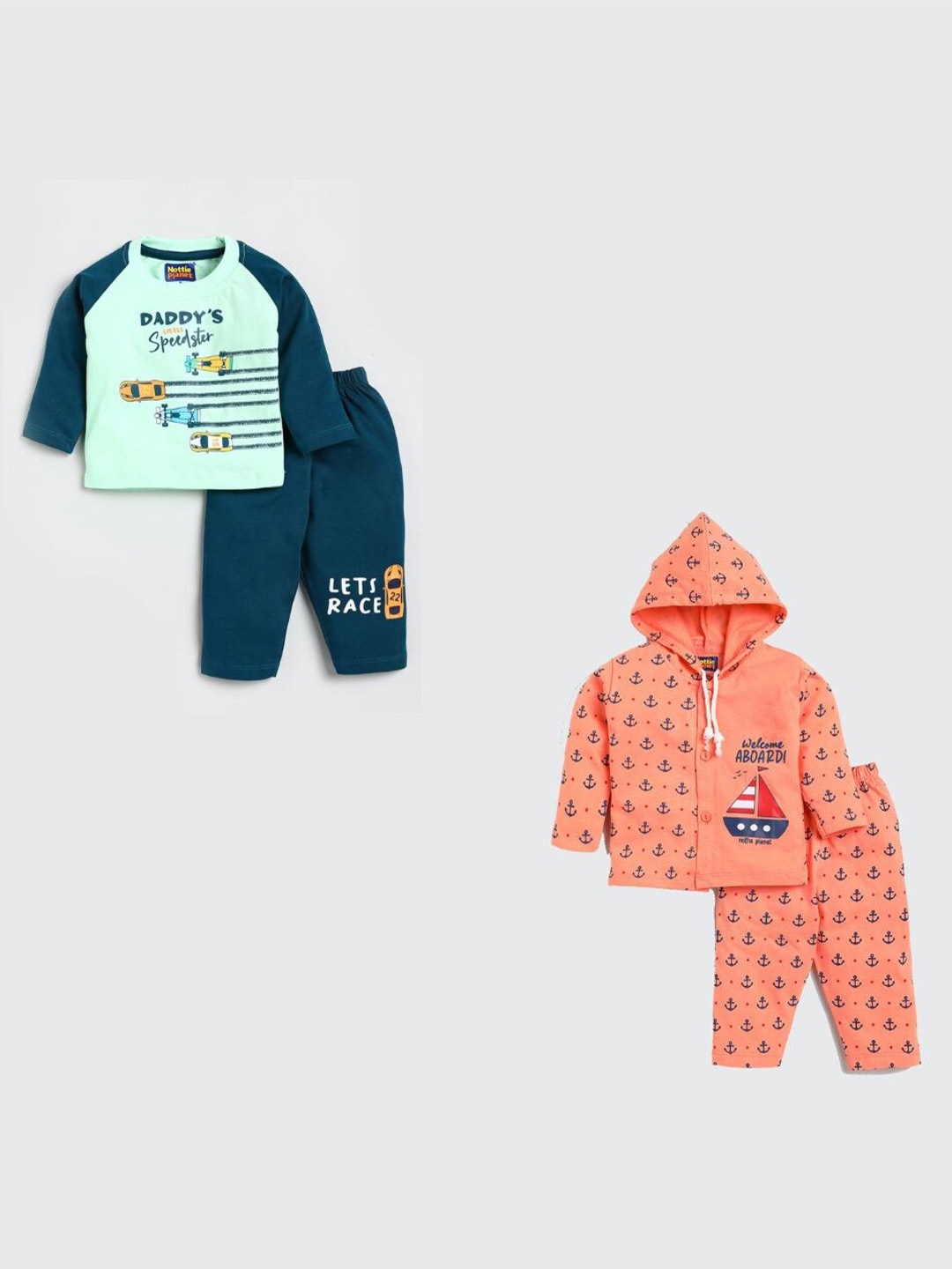 

Nottie Planet Unisex Kids Blue & Coral Printed Pack Of 2 Pure Cotton T-shirt with Pyjamas