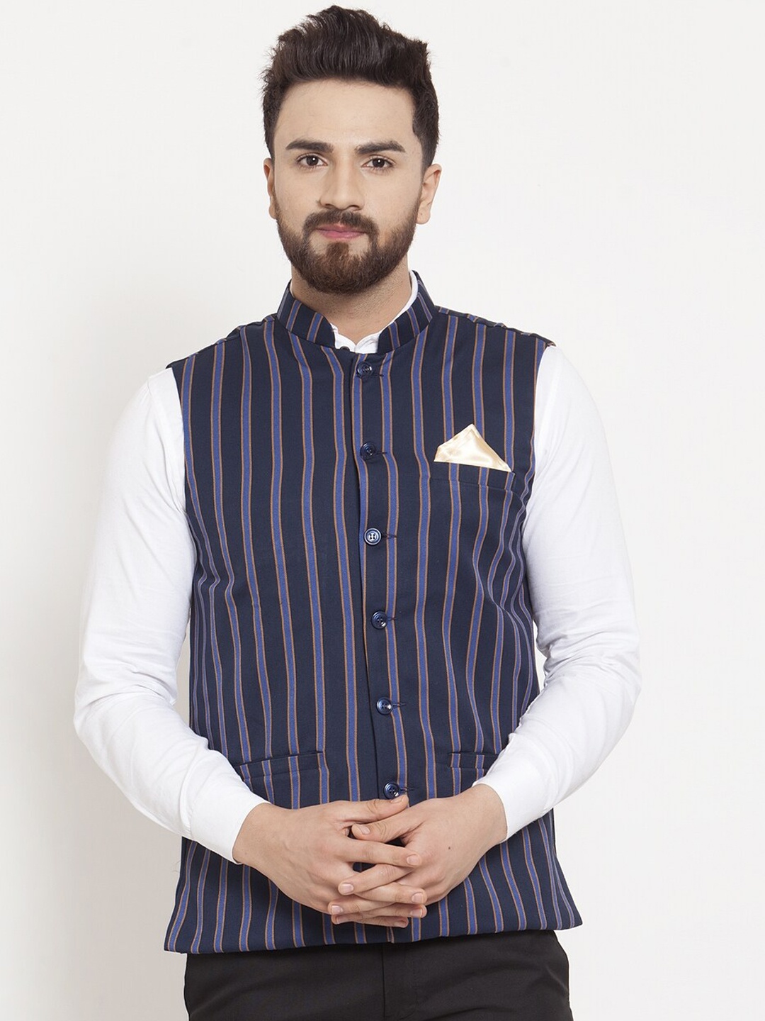 

KLOTTHE Men Blue Striped Nehru Jacket