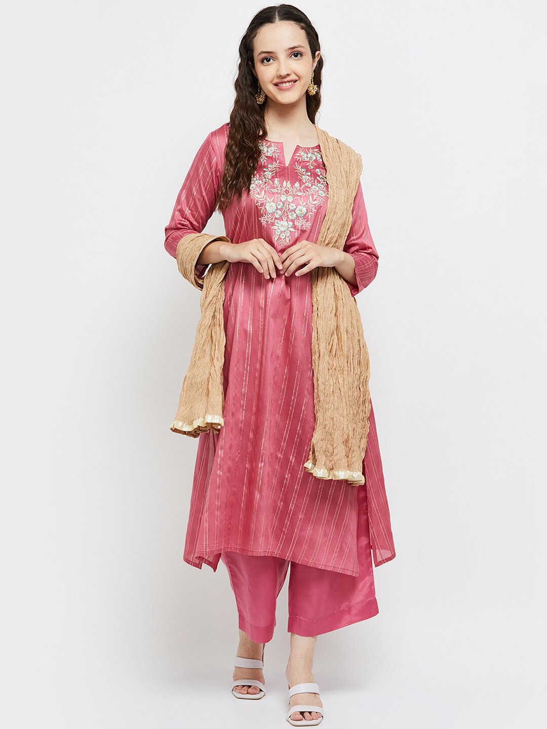 

max Women Pink Ethnic Motifs Embroidered Zardozi Kurta with Palazzos & With Dupatta