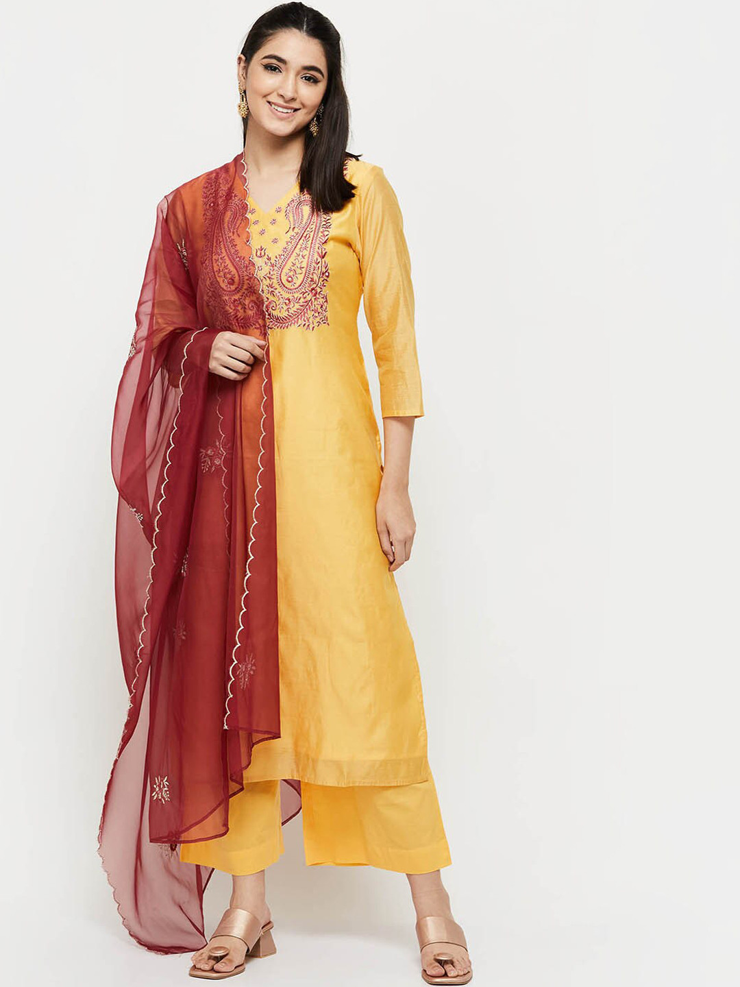

max Women Yellow Floral Embroidered Kurta with Palazzos & With Dupatta