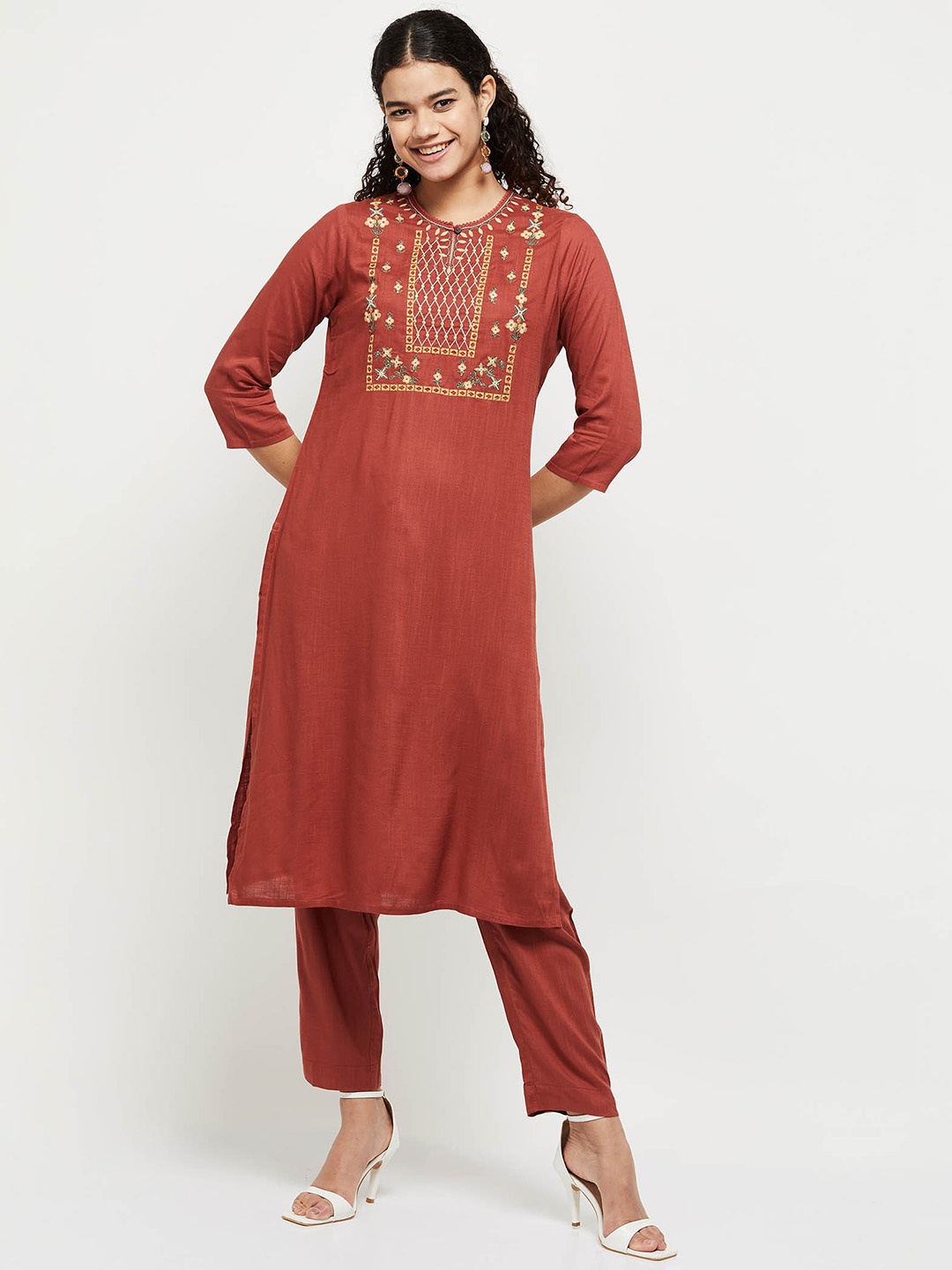 

max Women Ethnic Motifs Embroidered Thread Work Kurta with Trousers, Rust