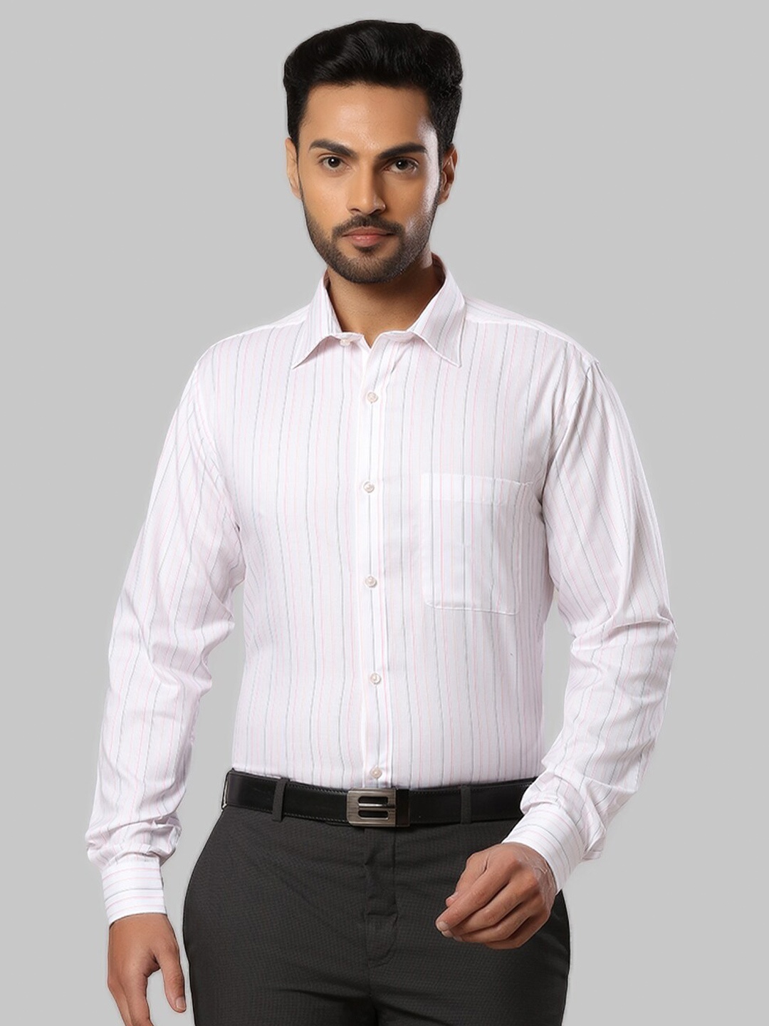 

Raymond Men Light Orange Colored Striped Cotton Slim-Fit Formal Shirts