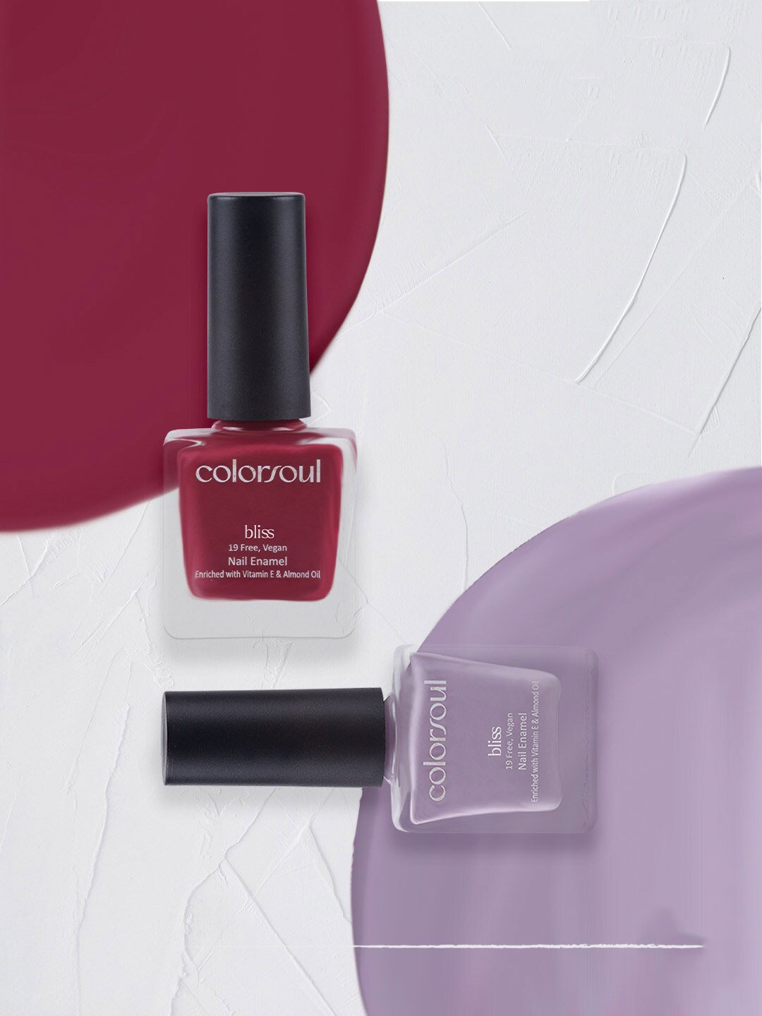 

Colorsoul Set Of 2 Vegan & 19 Free Bliss Nail Enamel with Vitamin E & Almond Oil 8ml Each - Candy Floss B04 & Purple Water B07, Maroon