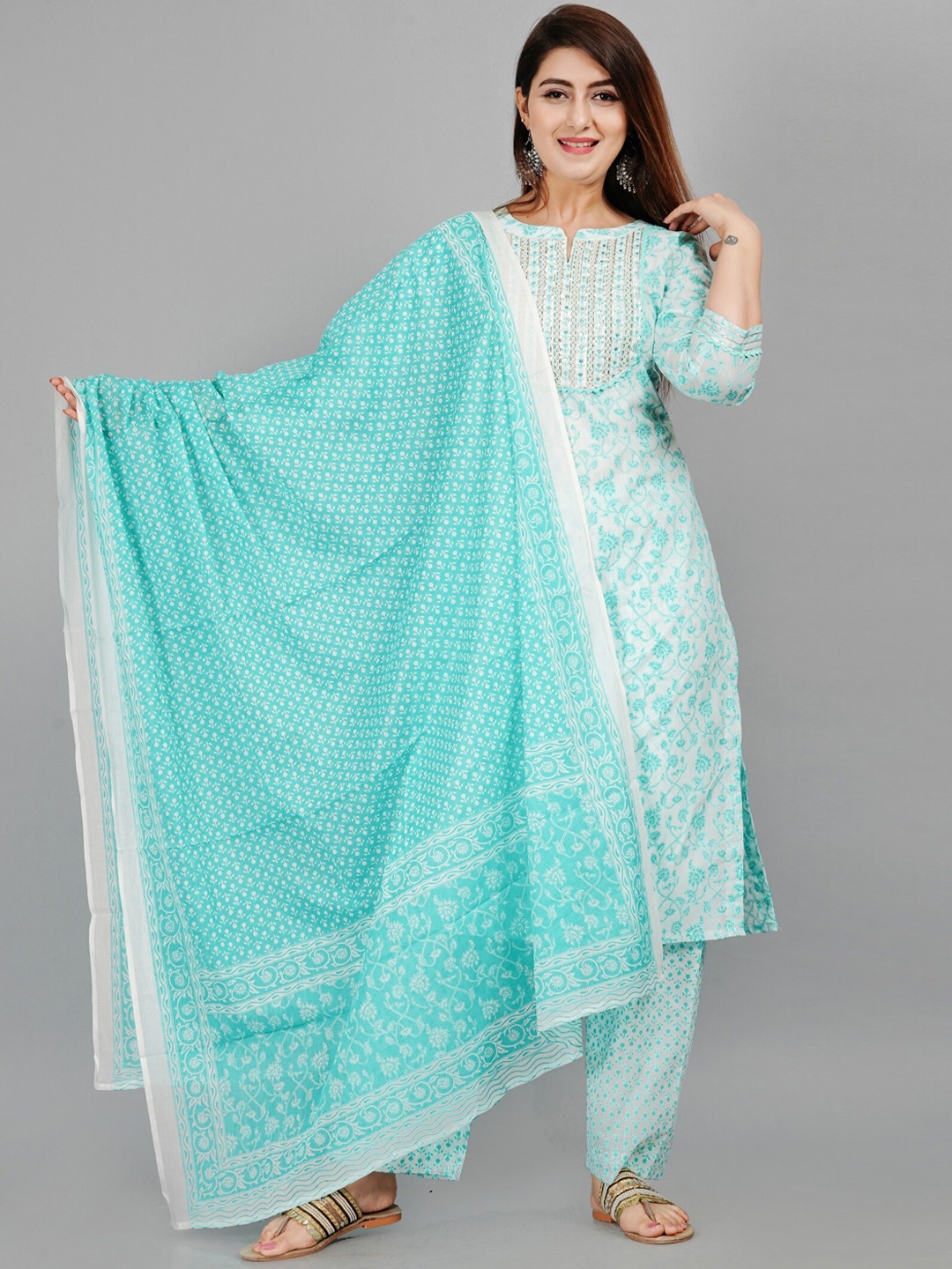 

EtnicaWear Women Blue Floral Printed Pure Cotton Kurta with Trousers & With Dupatta