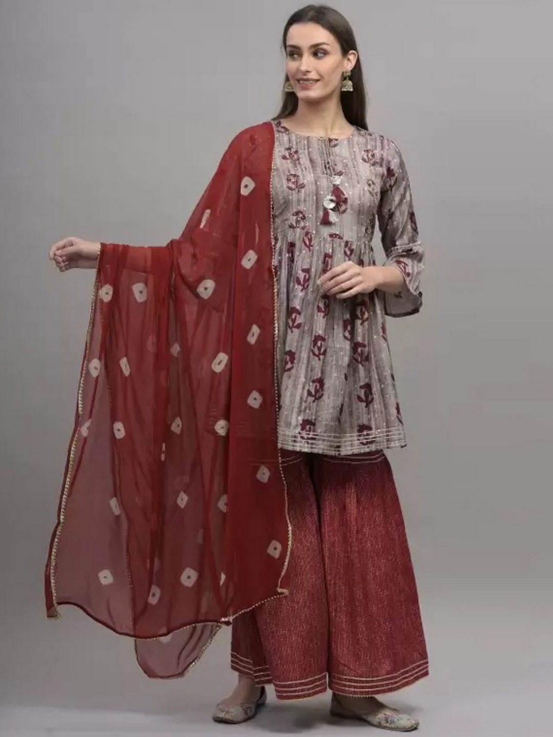 

EtnicaWear Women Red Floral Kurta with Sharara & With Dupatta