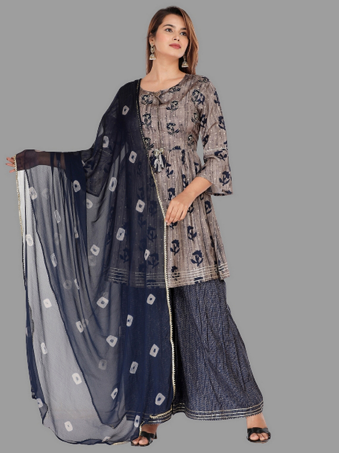 

EtnicaWear Women Blue Floral Embroidered Pure Cotton Kurta with Sharara & With Dupatta