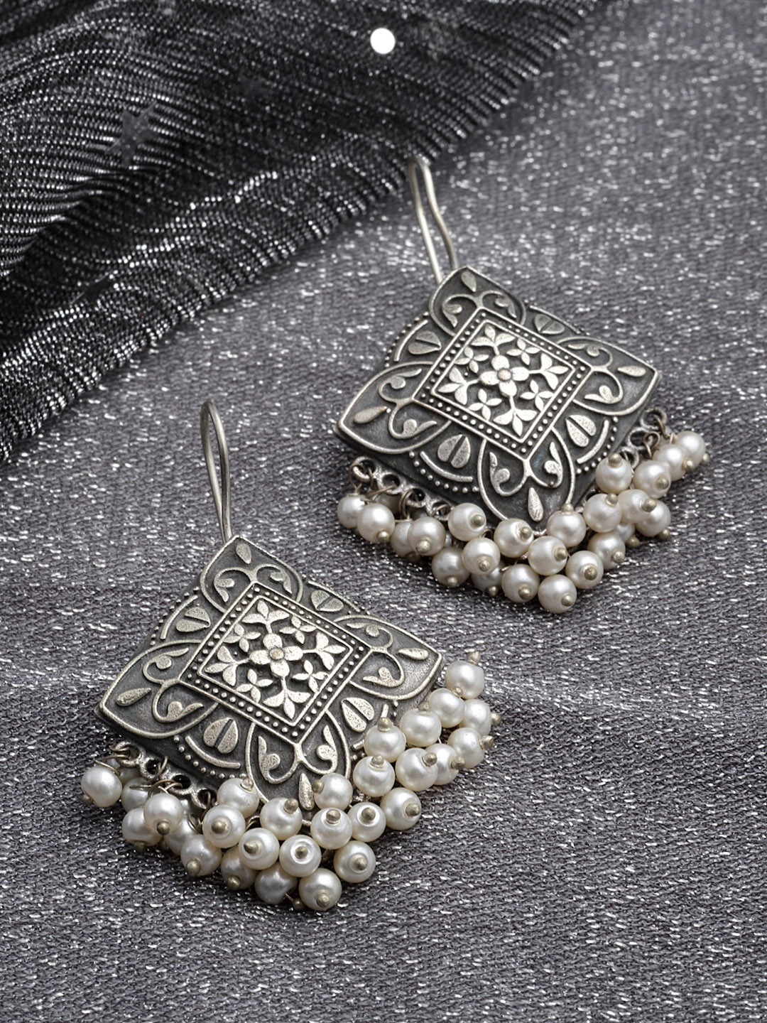 

PANASH Silver-Toned Contemporary Jhumkas Earrings