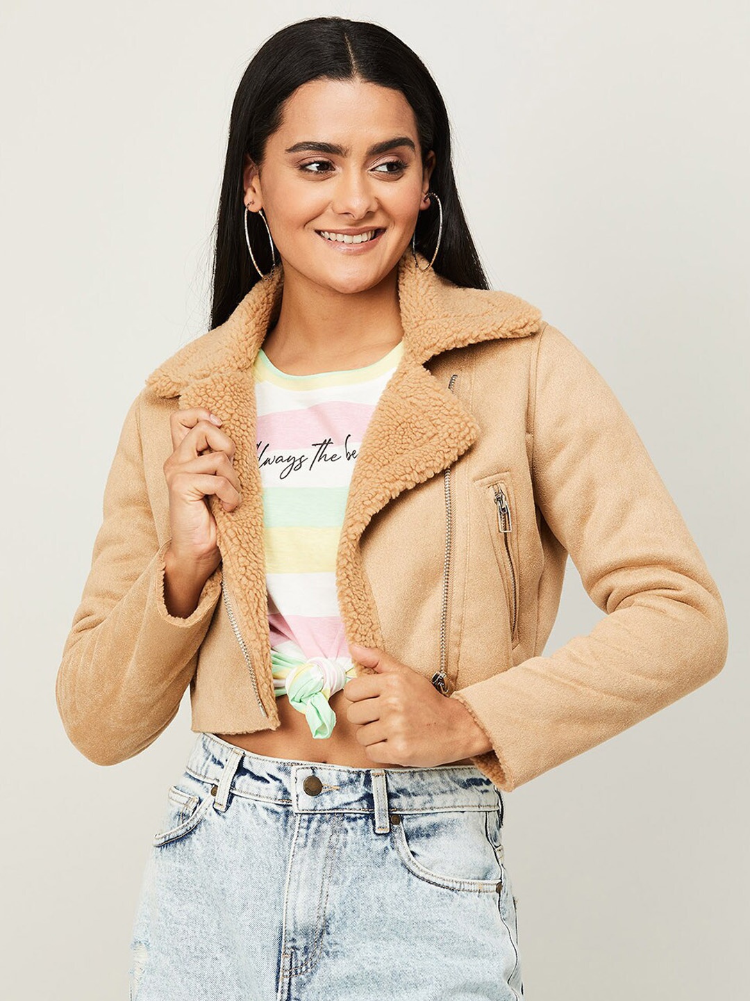 

Ginger by Lifestyle Women Beige Floral Lightweight Crop Tailored Jacket