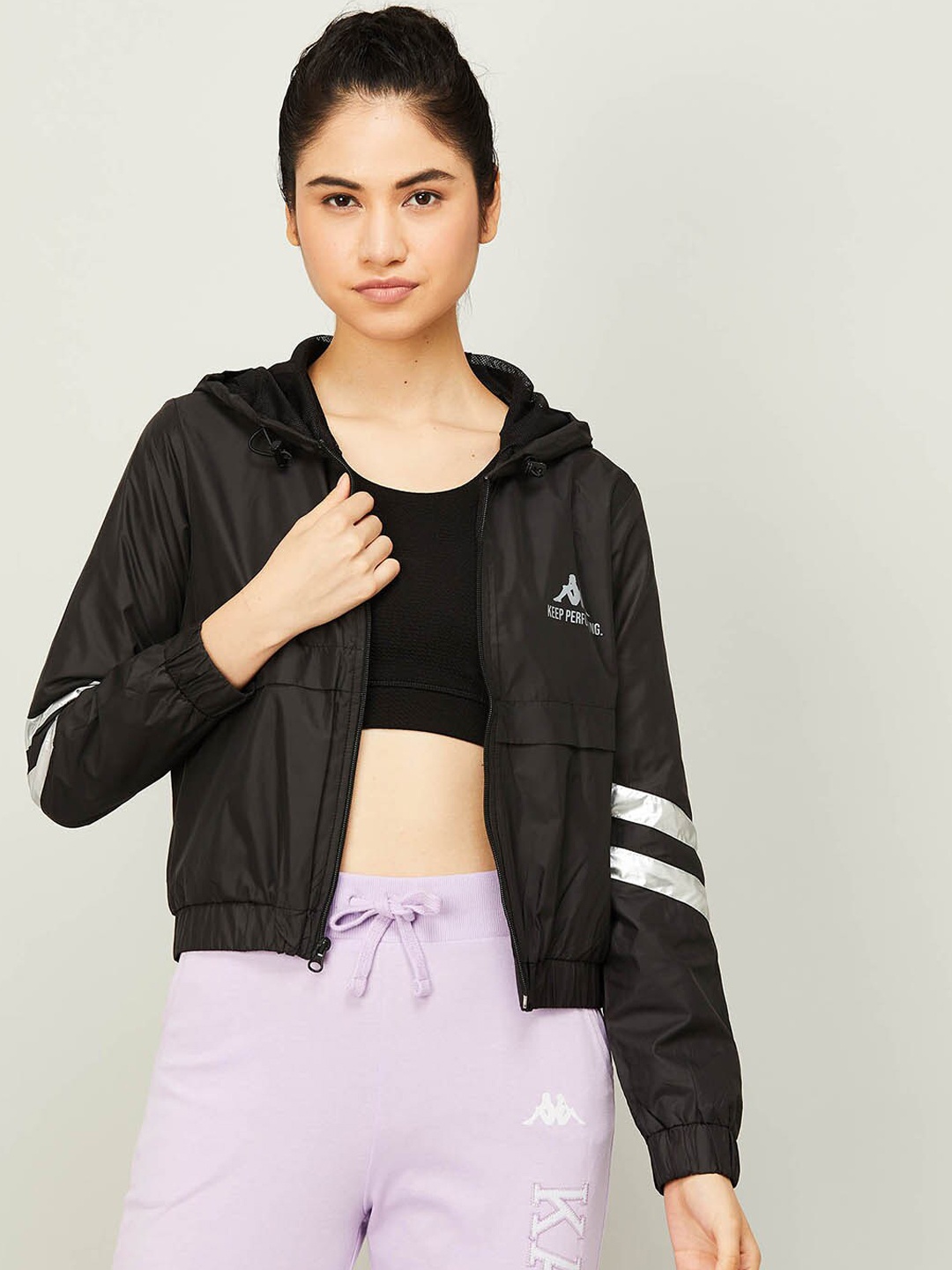 

Kappa Women Black Geometric Lightweight Crop Sporty Jacket