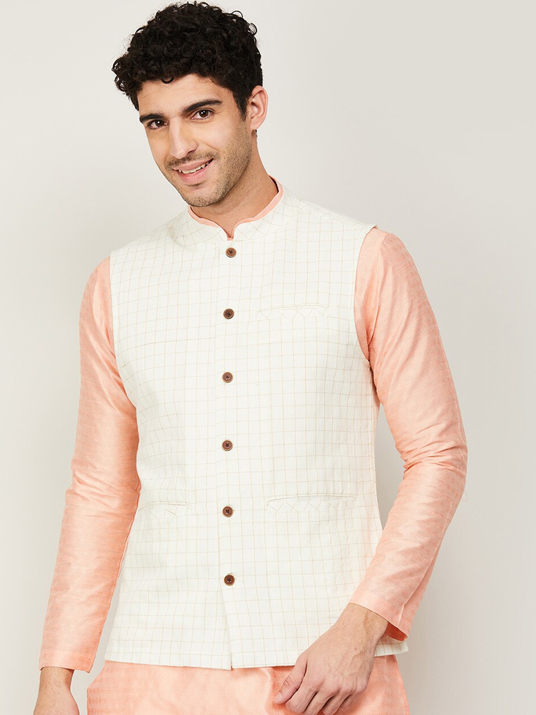 

Melange by Lifestyle Men White Geometric Checked Lightweight Open Front Jacket