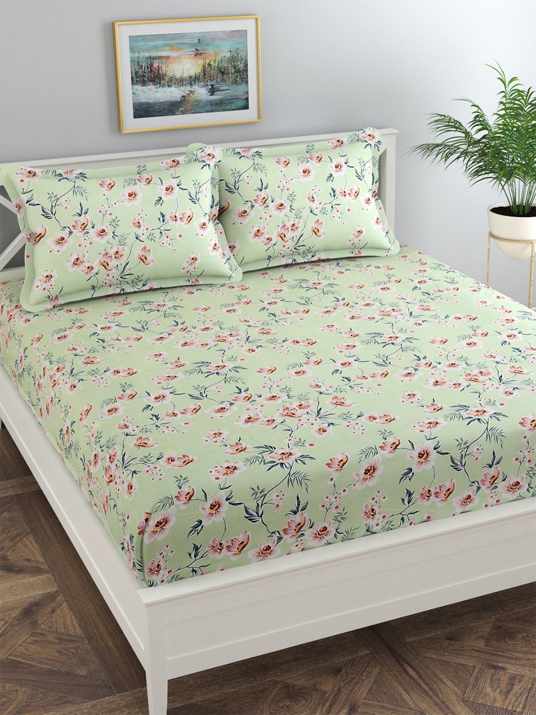 

Florida Floral Printed 144 TC King Bedsheet with 2 Pillow Covers, Green