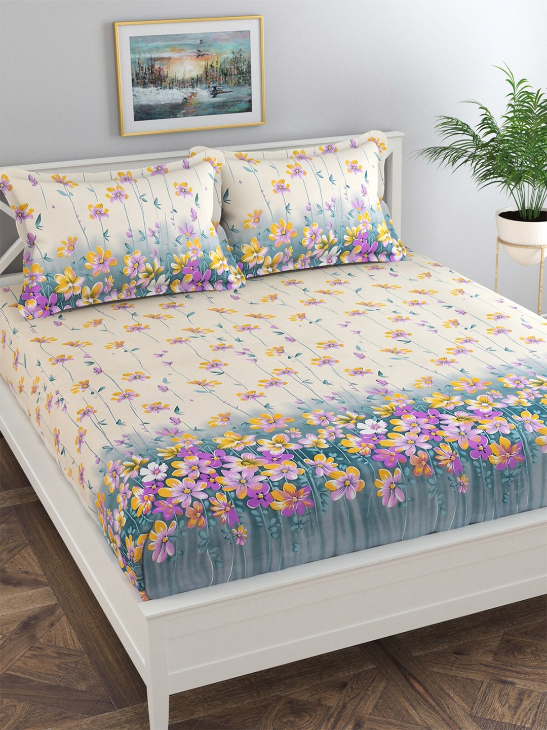 Florida Floral Printed 144 TC King Bedsheet with 2 Pillow Covers, Beige