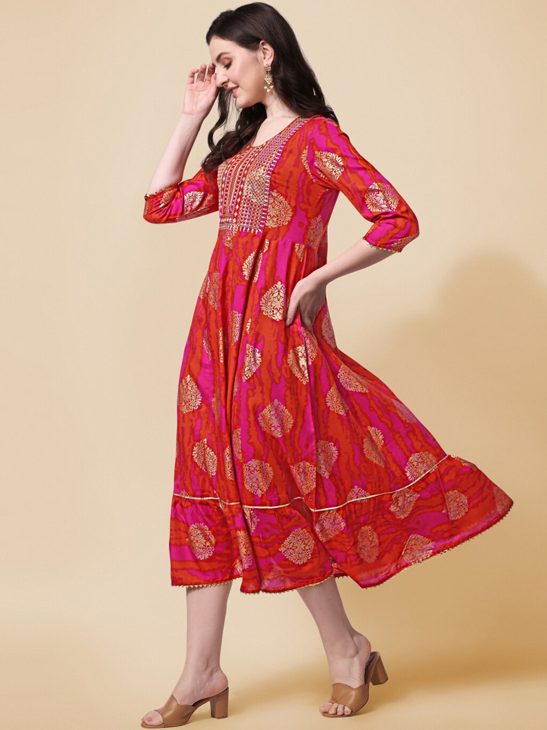 

KALINI Ethnic Motifs Printed Cotton A-Line Ethnic Dress, Pink