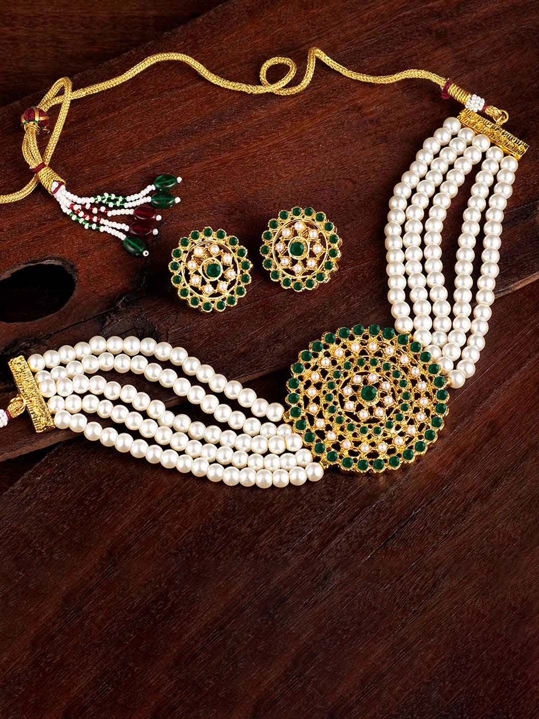 

Peora Green & White Beaded Gold-Plated Choker Necklace With Earings