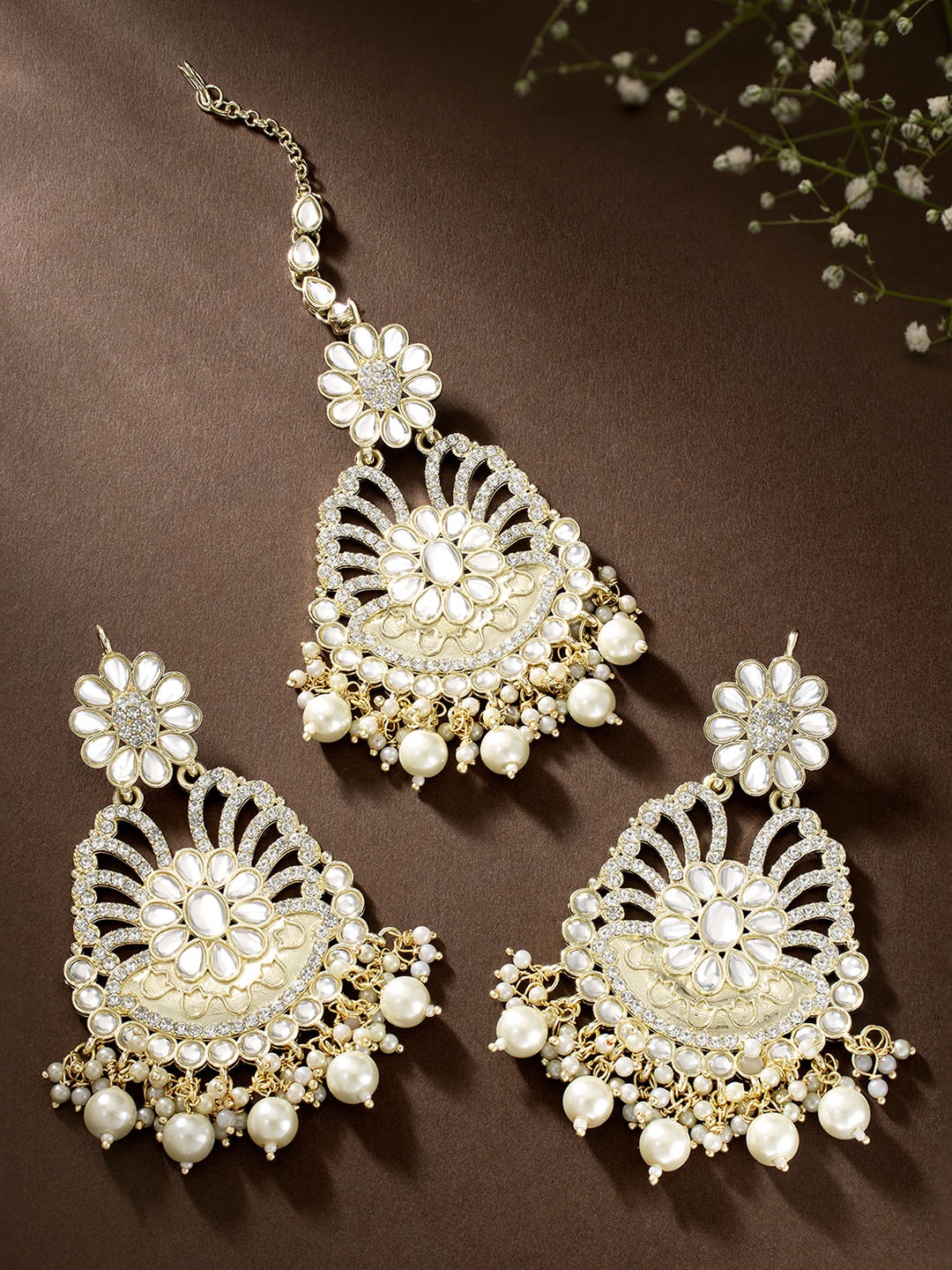 

Peora White Gold Plated Kundan Faux Pearl Studded Earrings & Maang Tikka Jewellery Set