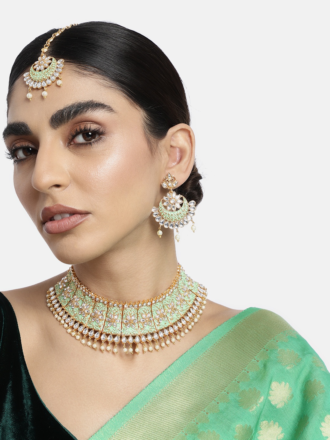 

Peora Mint Green & Gold-Plated Meenakari Choker Necklace With Earring & Maang Tika