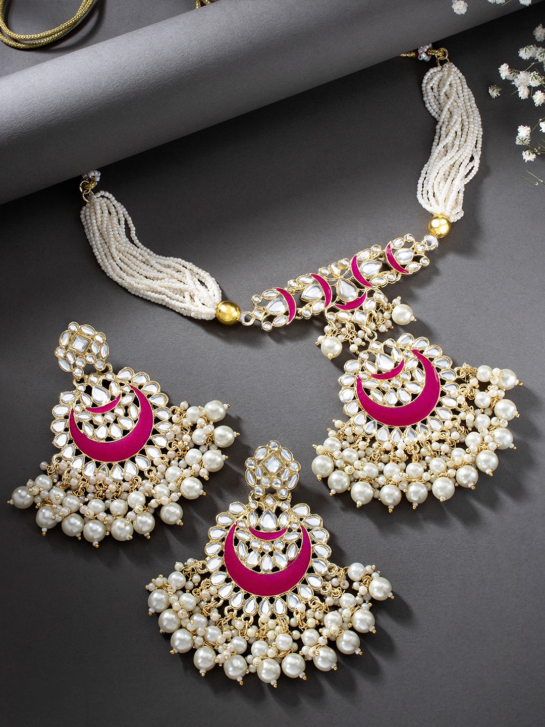 

Peora Gold-Plated Magenta Beaded & Stone-Studded Meenakari Choker Jewellery Set