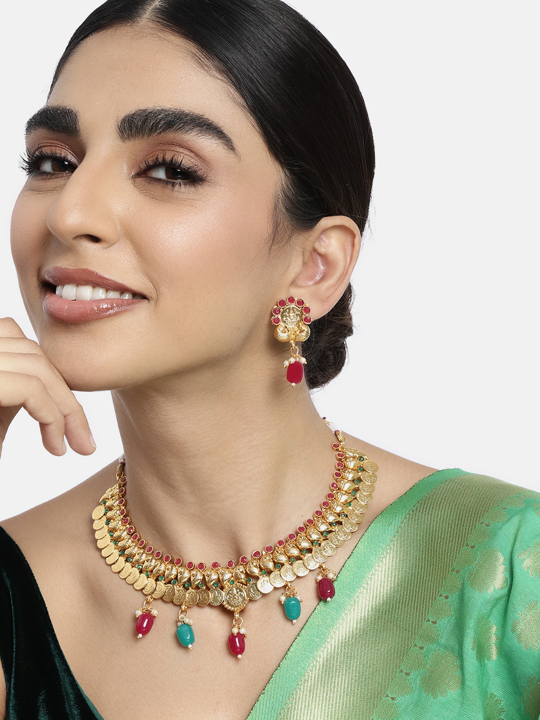 

Peora Traditional Red & Green Gold Plated Jadau Goddess Laxmi Necklace Jewellery Set