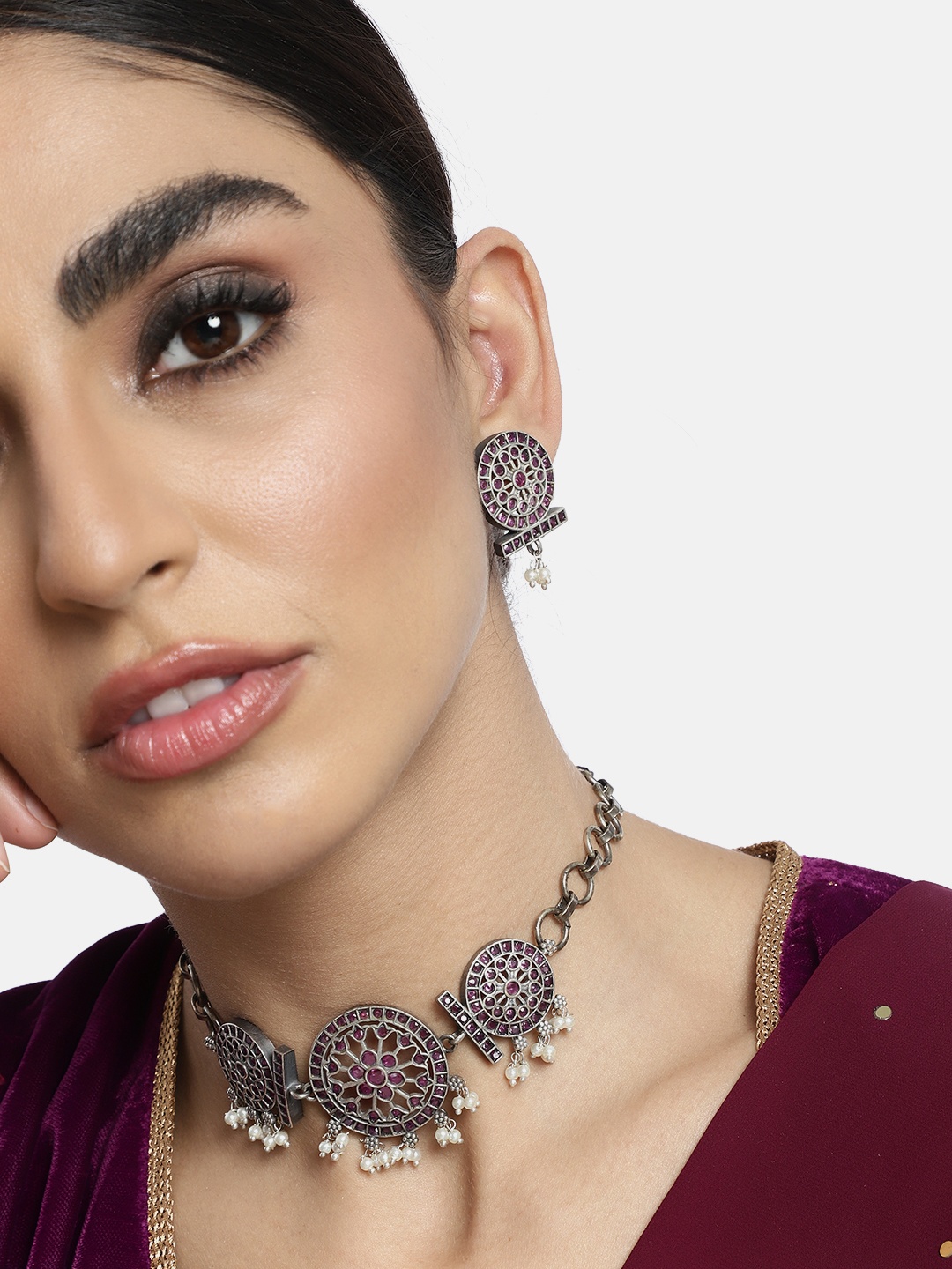 

Peora Magenta Silver Oxidised Jadau Choker Artifical Stones & Beads Necklace Jewellery Set