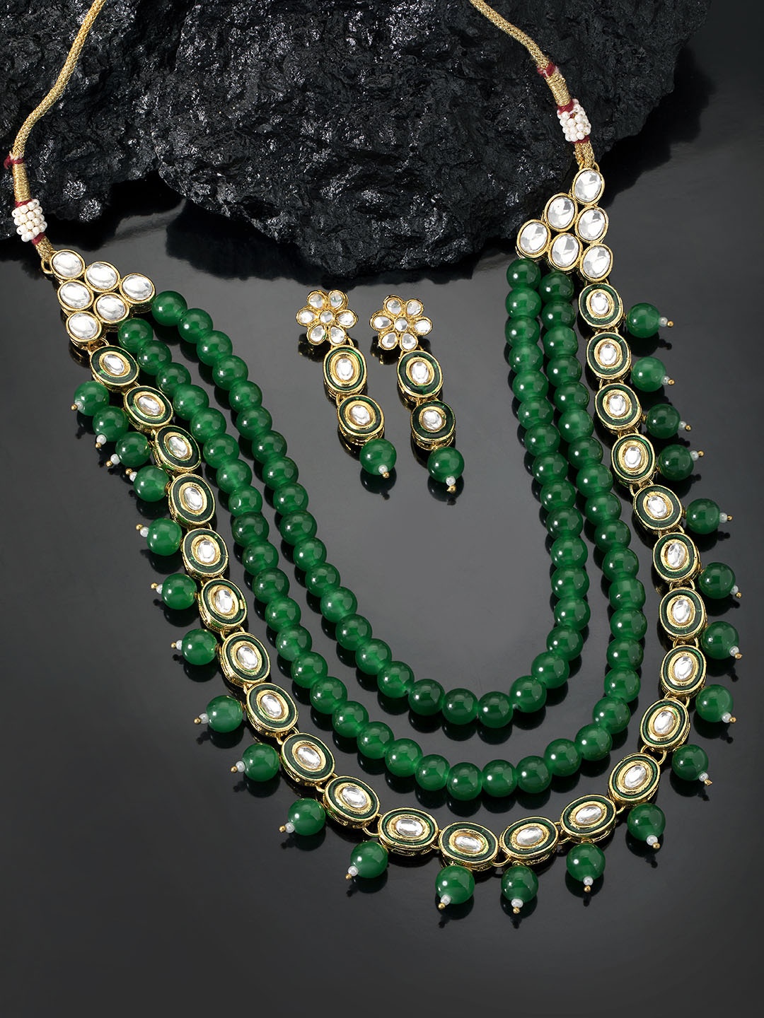 

Peora Green & White Gold Plated Beaded Long Necklace & Earing Set