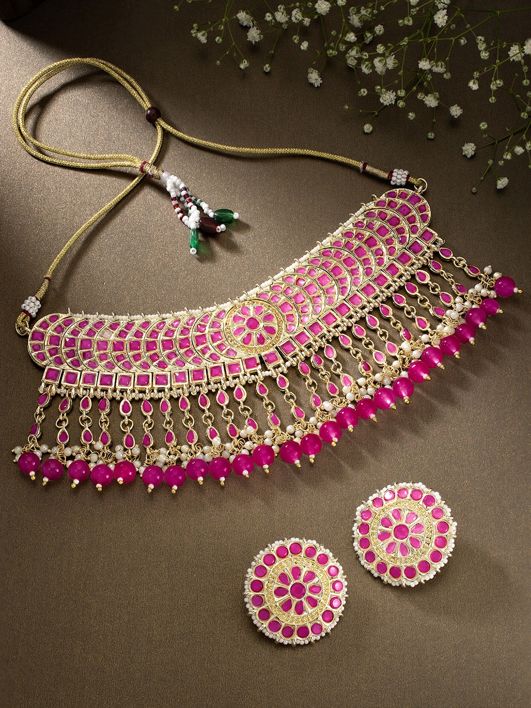 

Peora Gold-Toned & Magenta Beaded and Kundan Studded Jadau Choker Jewellery Set
