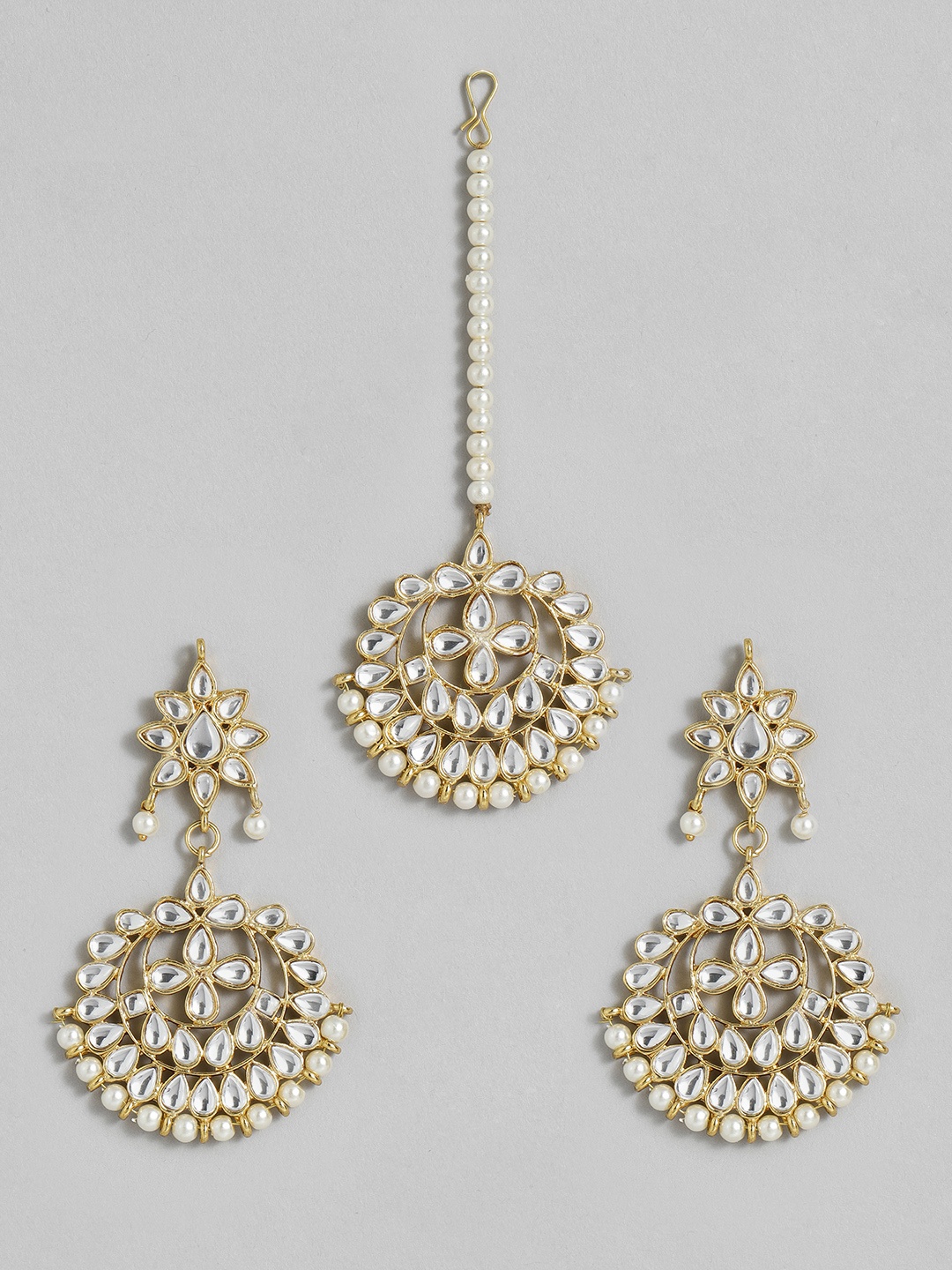 

Peora White Gold-Plated Kundan Faux Pearl Studded Earrings & Maang Tikka Jewellery Set