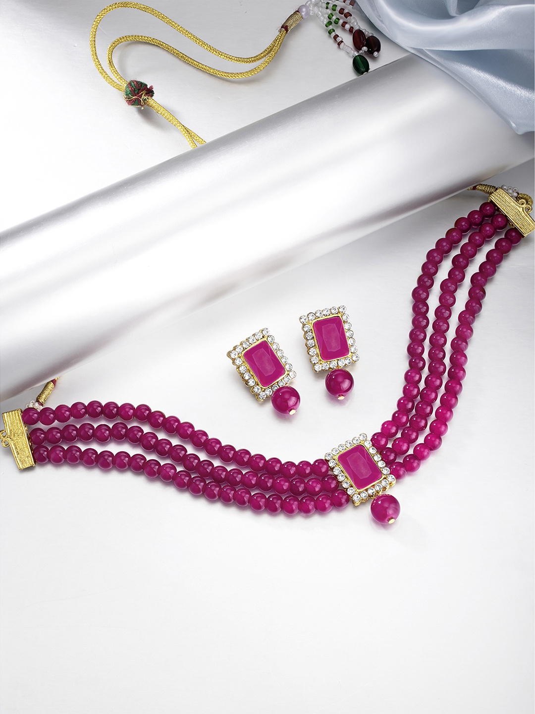 

Peora Magenta Beaded & Stone Studded Choker Necklace & Earrings Jewellery Set