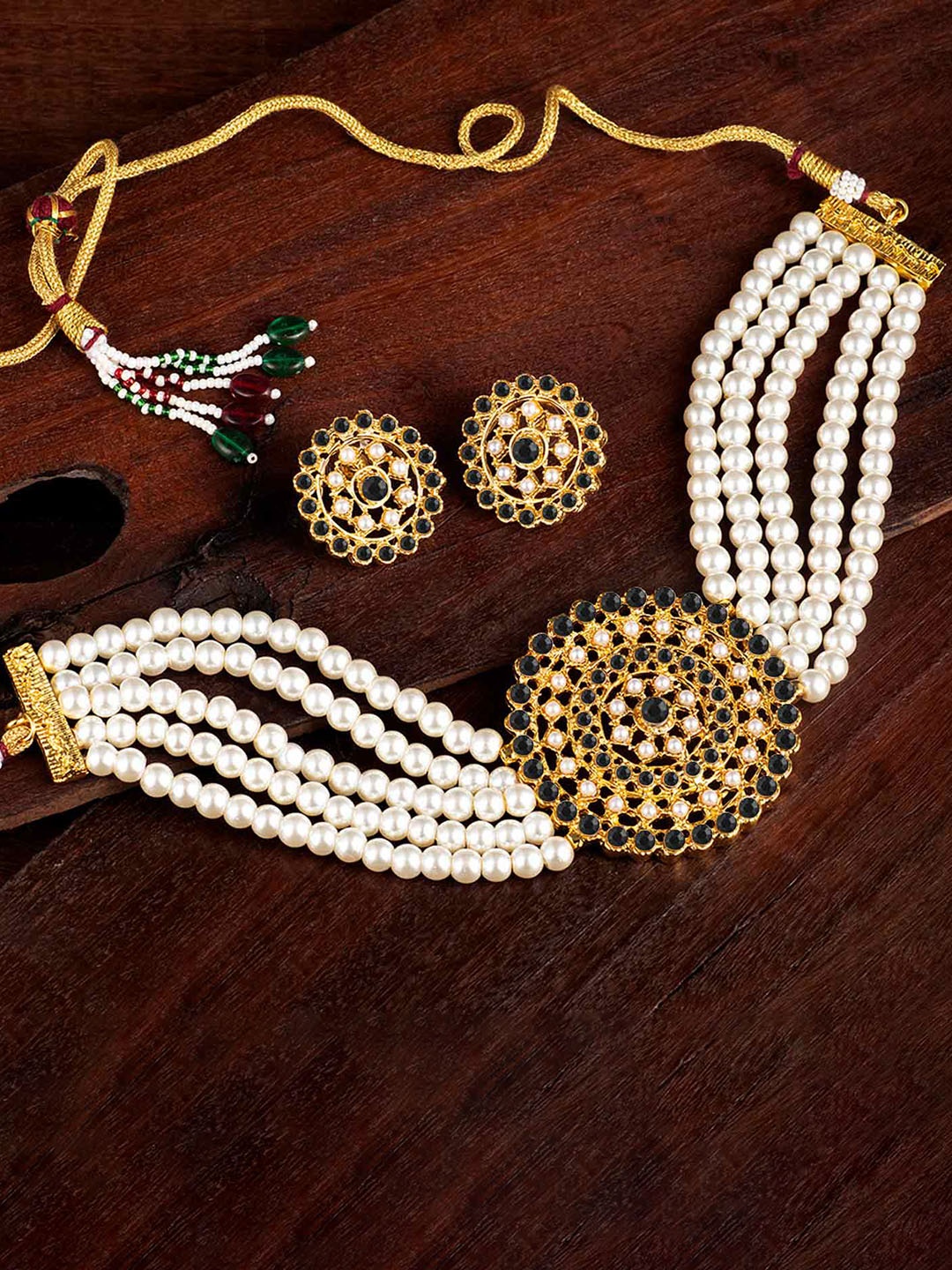 

Peora Gold-Toned & Black Beaded and Stone Studded Choker Jewellery Set