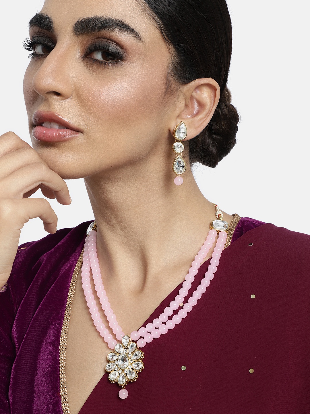 

Peora Pink Gold-Plated Jadau Kundan Studded & Beaded Jewellery Set