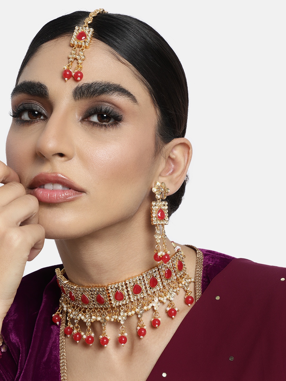 

Peora Gold-Plated & Orange Kundan Studded Necklace Set