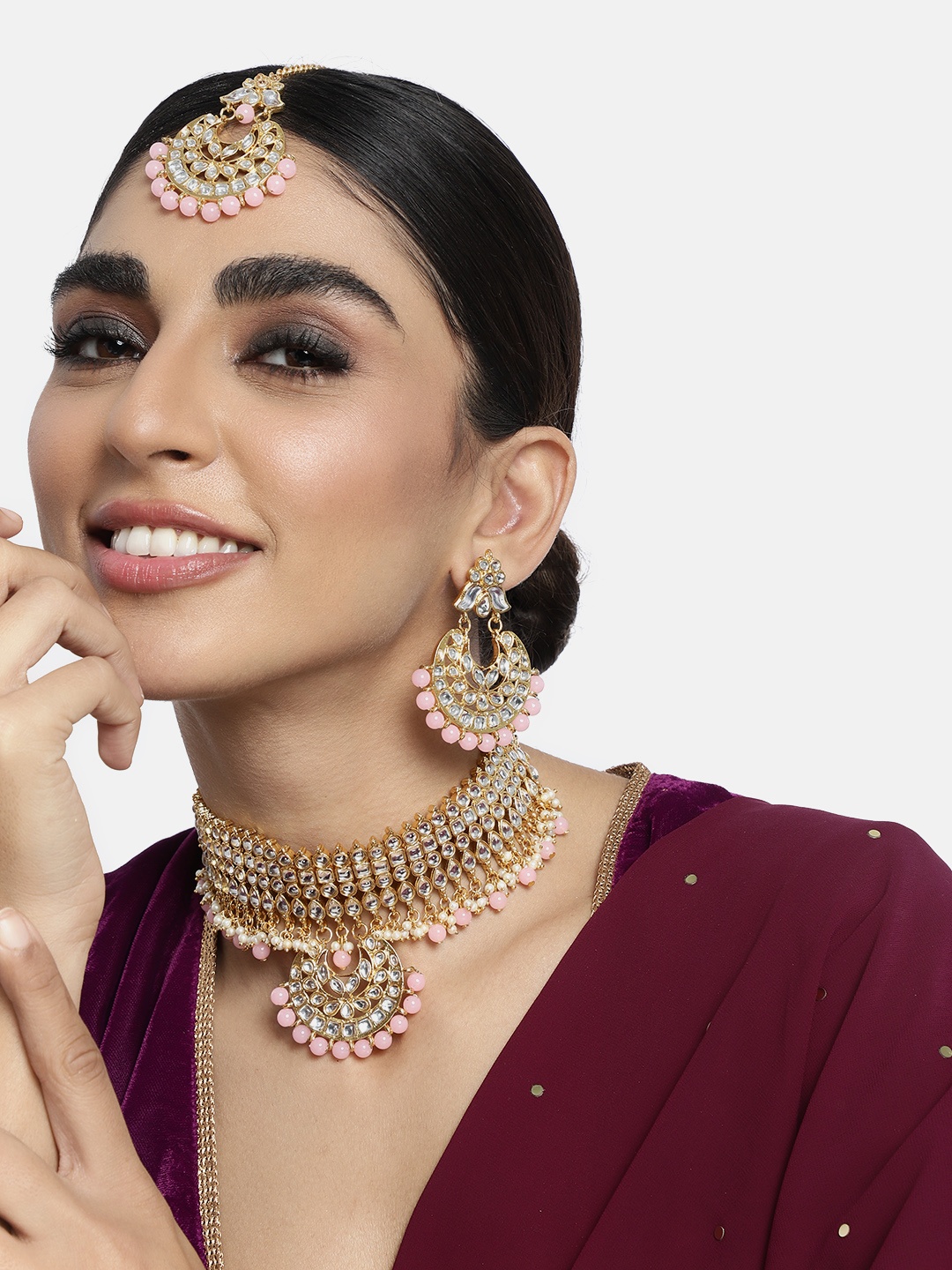 

Peora Gold-Plated Pink Beaded & Kundan Stone-Studded Choker Jadau Jewellery Set