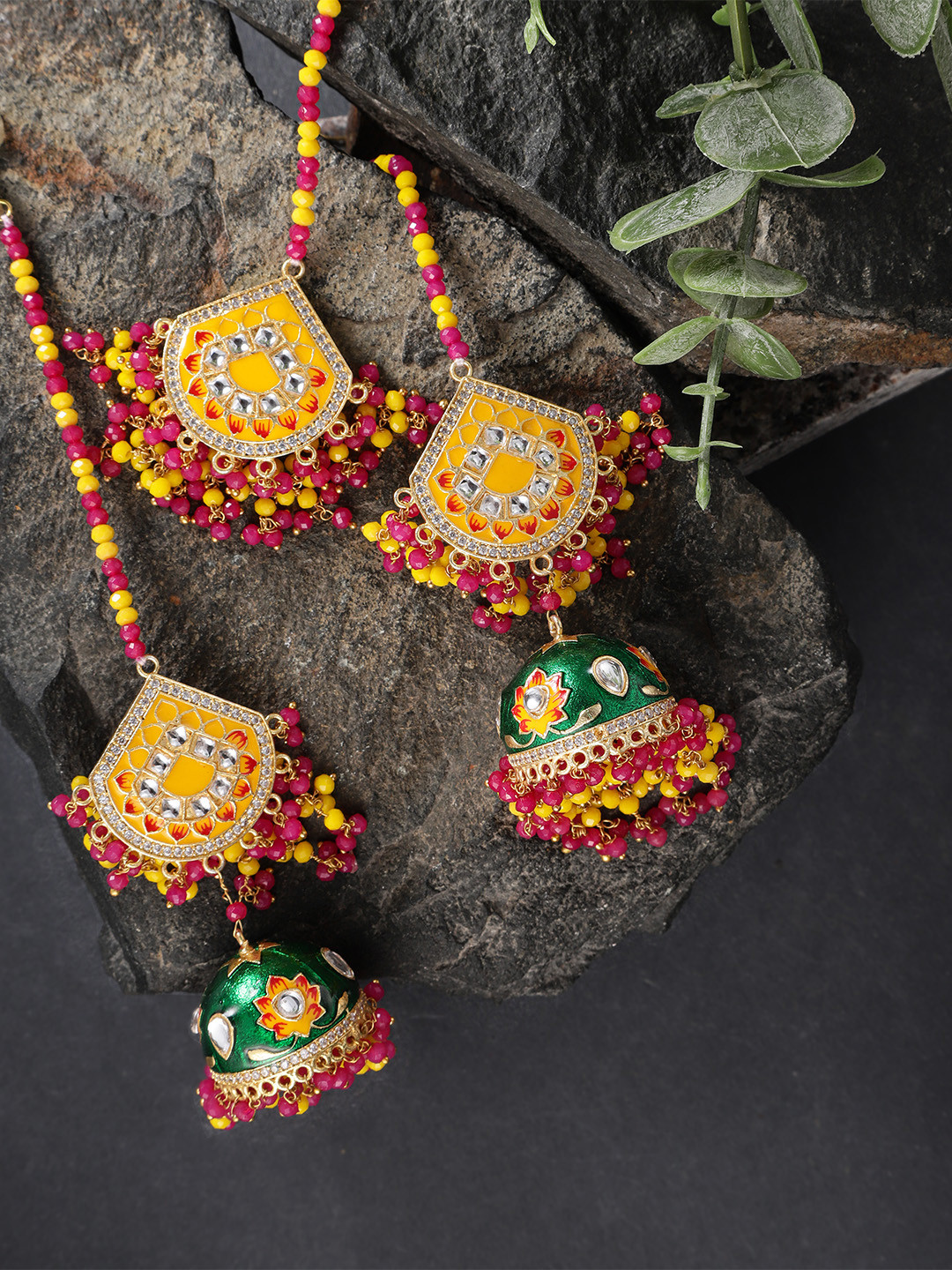 

Peora Traditional Gold-Plated Yellow & Green Jhumki Earrings with Maang Tikka
