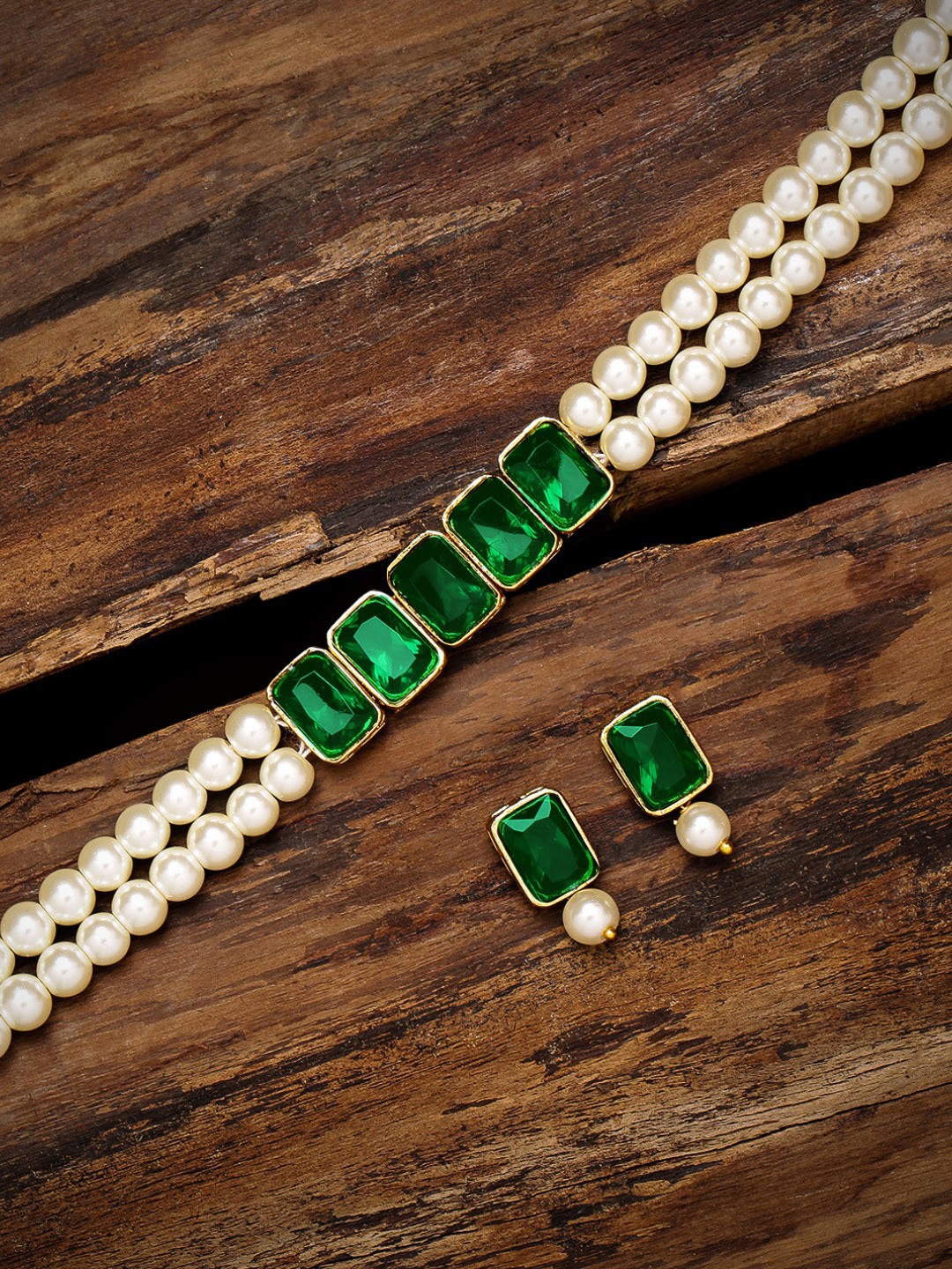 

Peora Gold-Plated & Green Crystal Studded Necklace Set