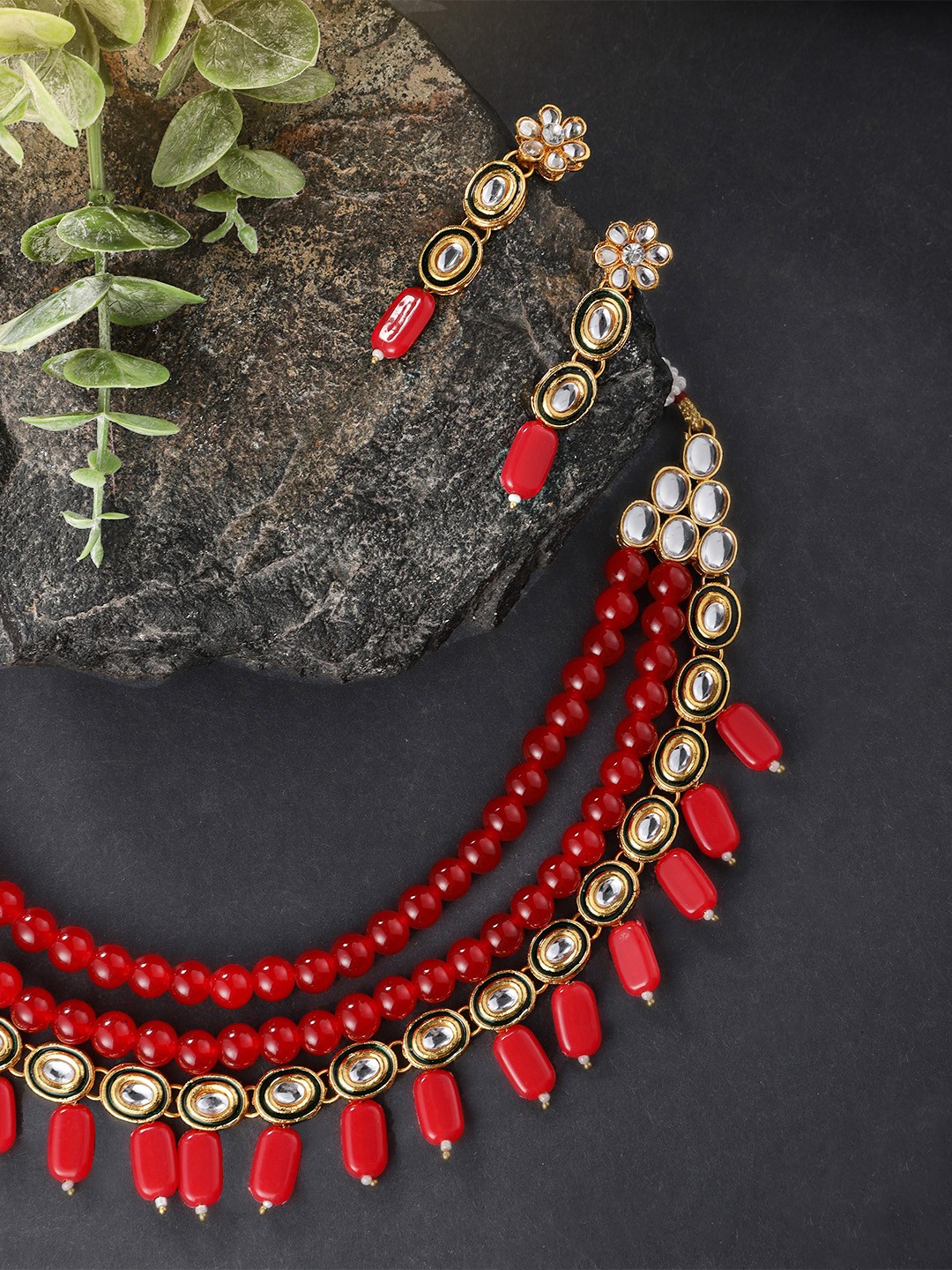 

Peora Women Red Gold-Plated Layered Necklace & Earrings