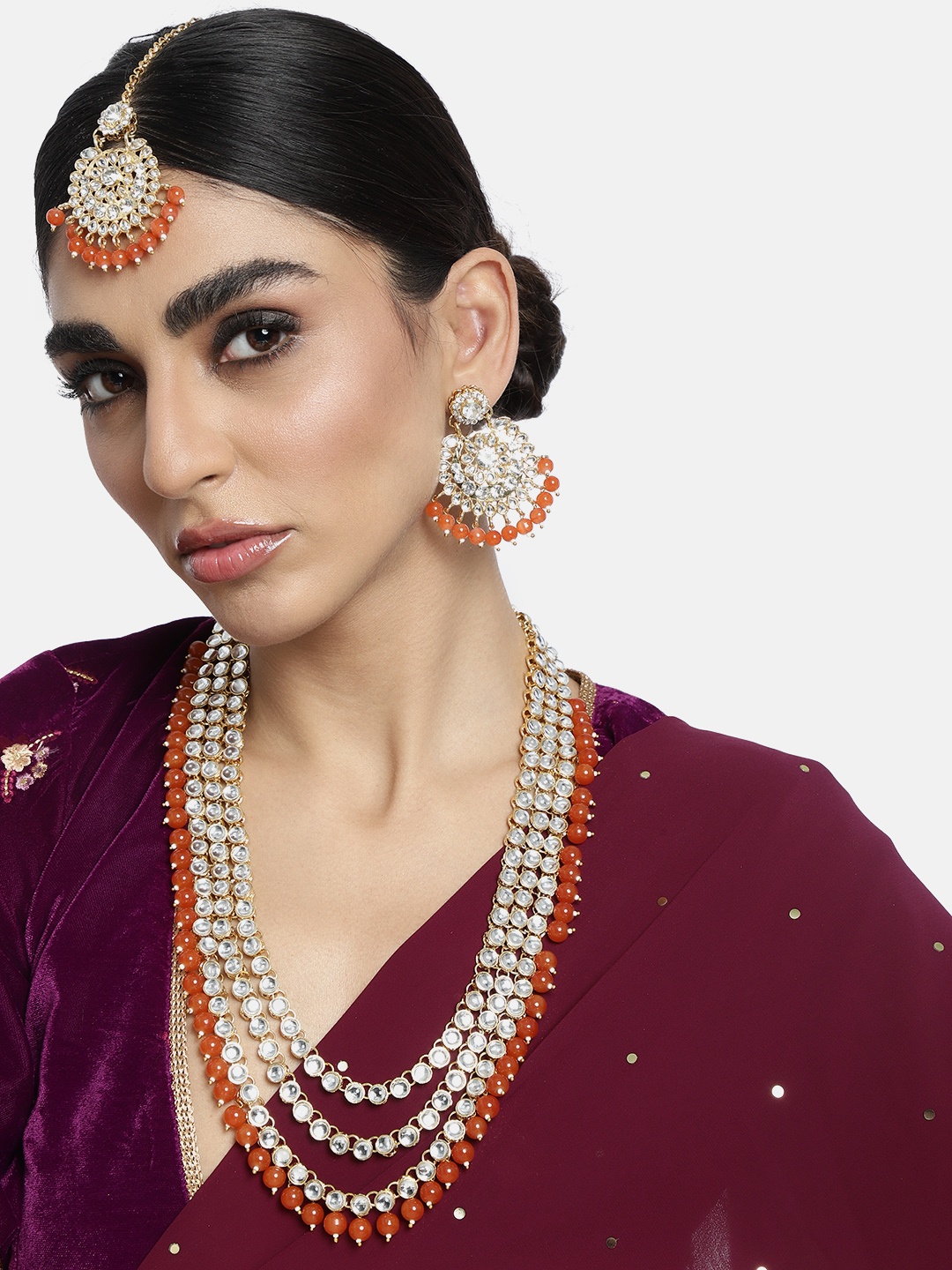 

Peora Gold Plated Kundan Studded Orange Long Necklace Set Mang Tikka & Earring Jewellery