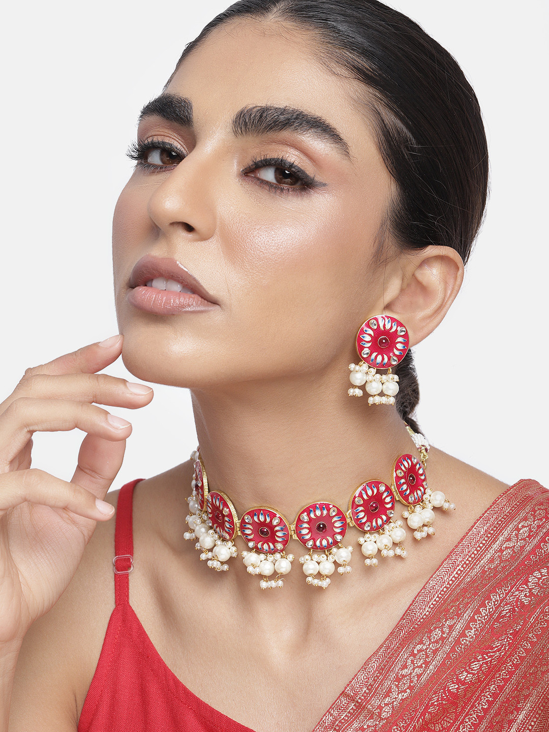 

Peora Magenta Gold-Plated Meenakari Enamelled Choker Necklace Jewellery Set