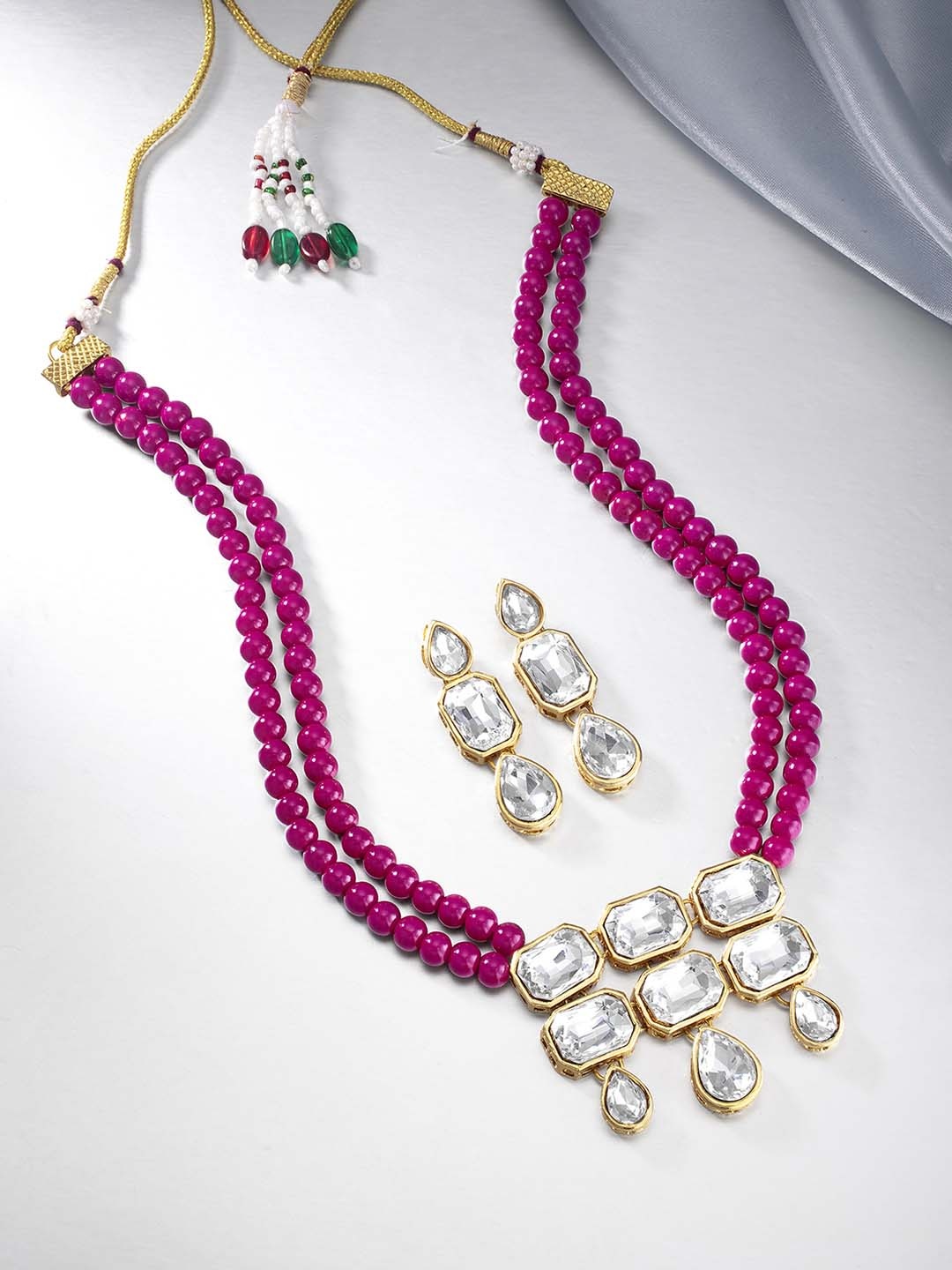 

Peora Pink Gold-Plated Kundan Studded & Beaded Jadau Jewellery Set