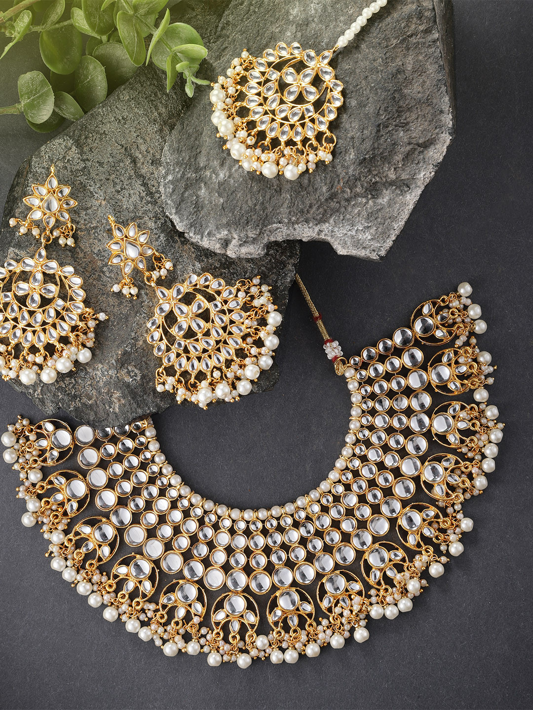 

Peora Gold Plated & White Necklace Earrings with Maang Tikka Jewellery