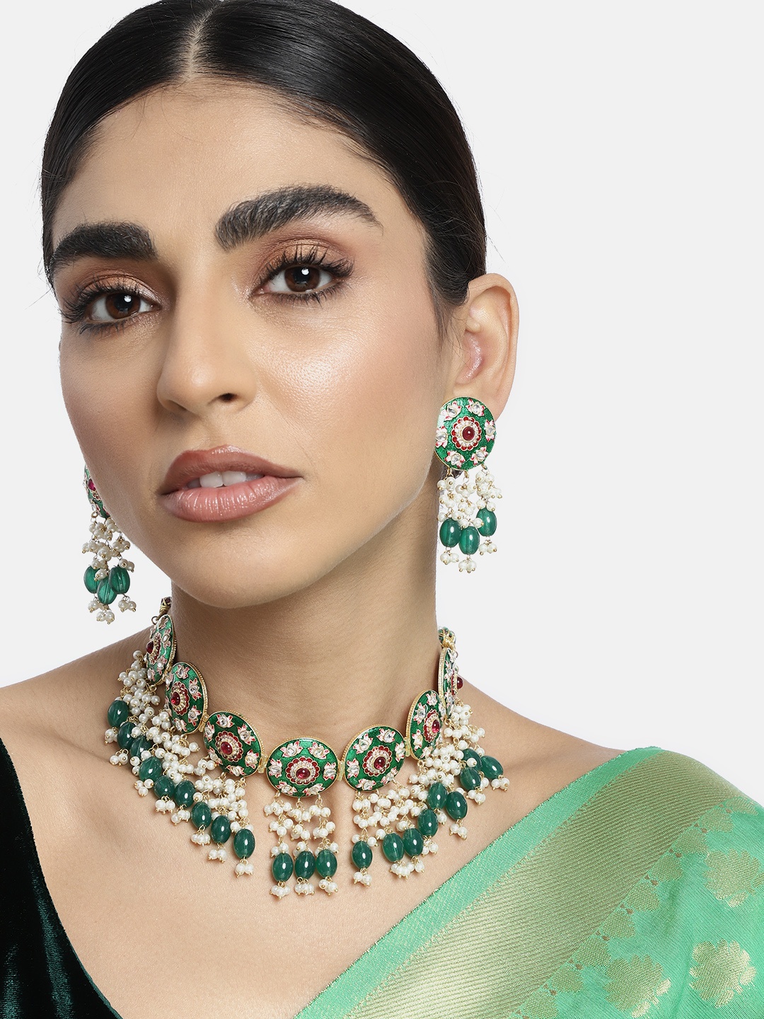 

Peora Green & Off-White Gold-Plated Handcrafted Enamel Jewellery Set