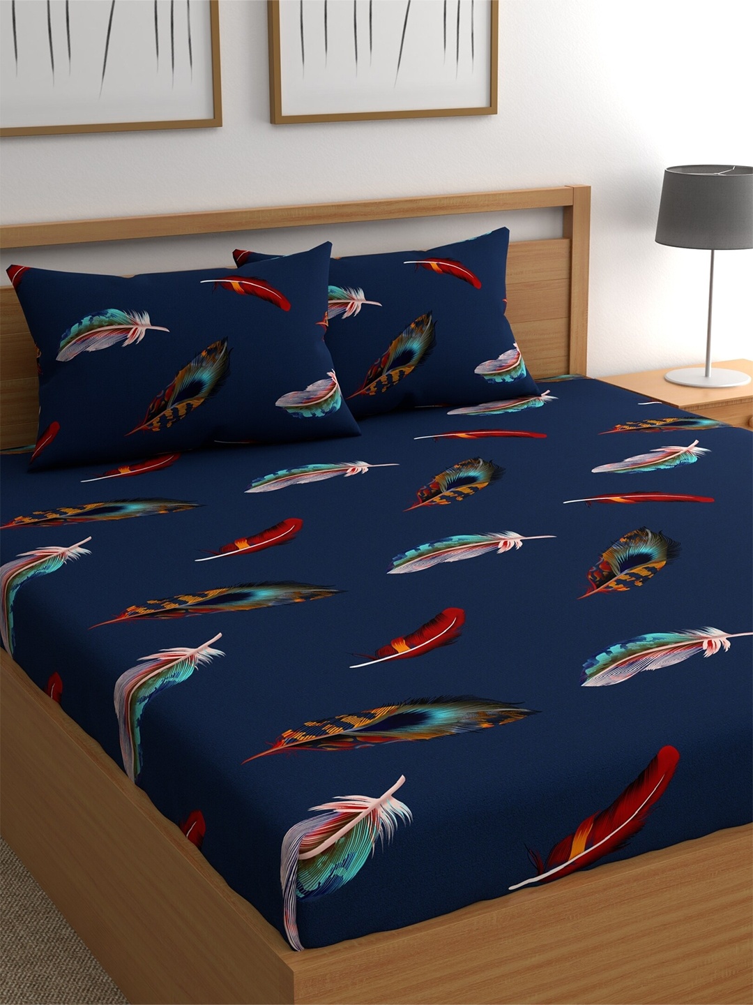 

CHHAVI INDIA Graphic 210 TC King Bedsheet with 2 Pillow Covers, Blue