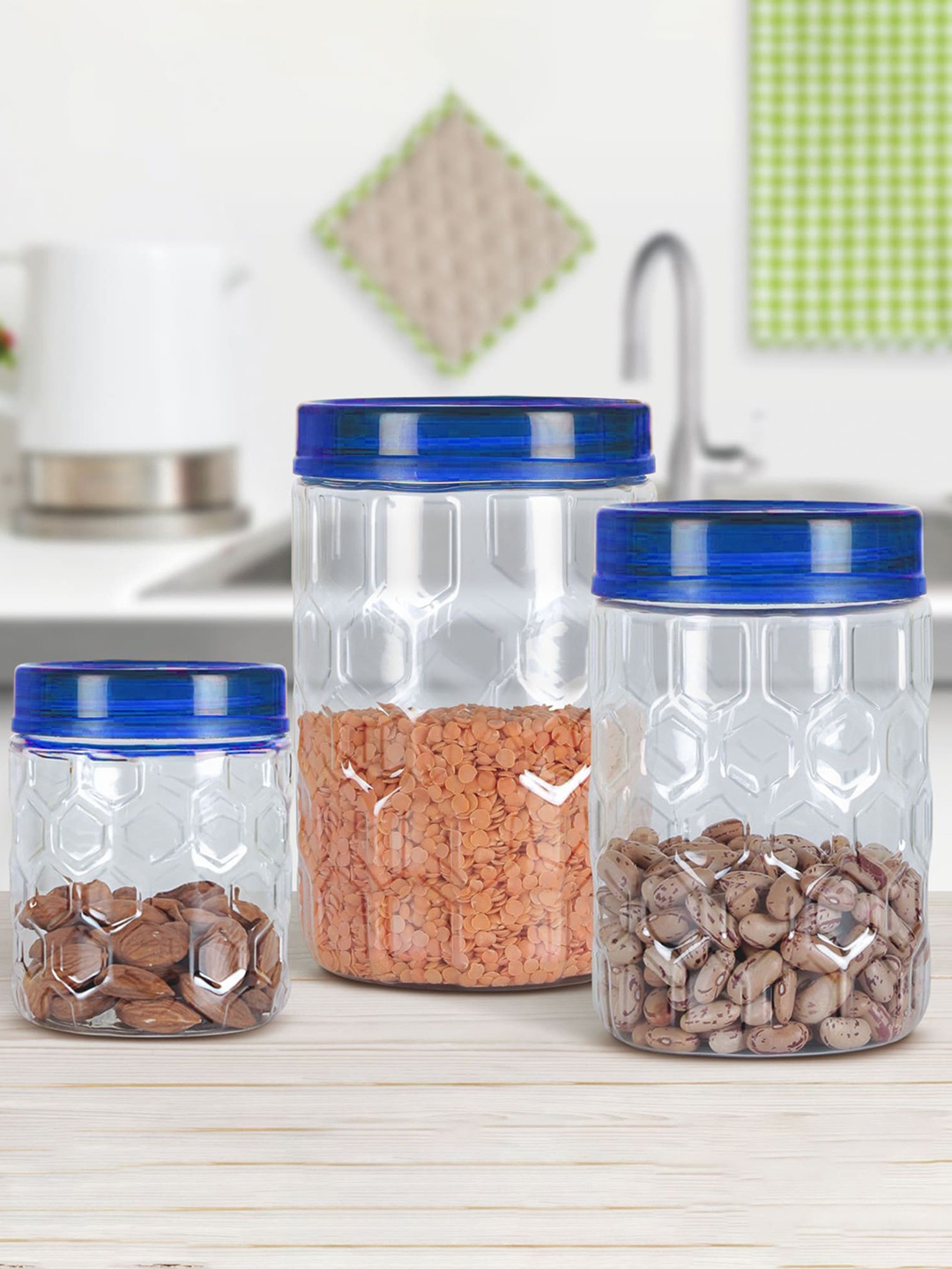

Milton Set Of 12 Blue Hexa Pet Jar - 4 Pcs x 270 ml 4 Pcs x 665 ml 4 Pcs x 1.24 L