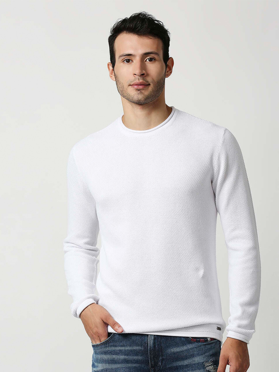 

Pepe Jeans Men White Solid Round Neck Cotton Pullover