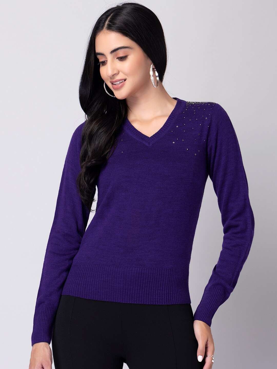 

FabAlley Women Solid V-Neck Pullover, Purple