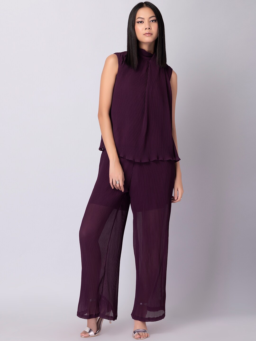 

FabAlley Women Purple Pleated Tie Up Top And Bottom Palazzos