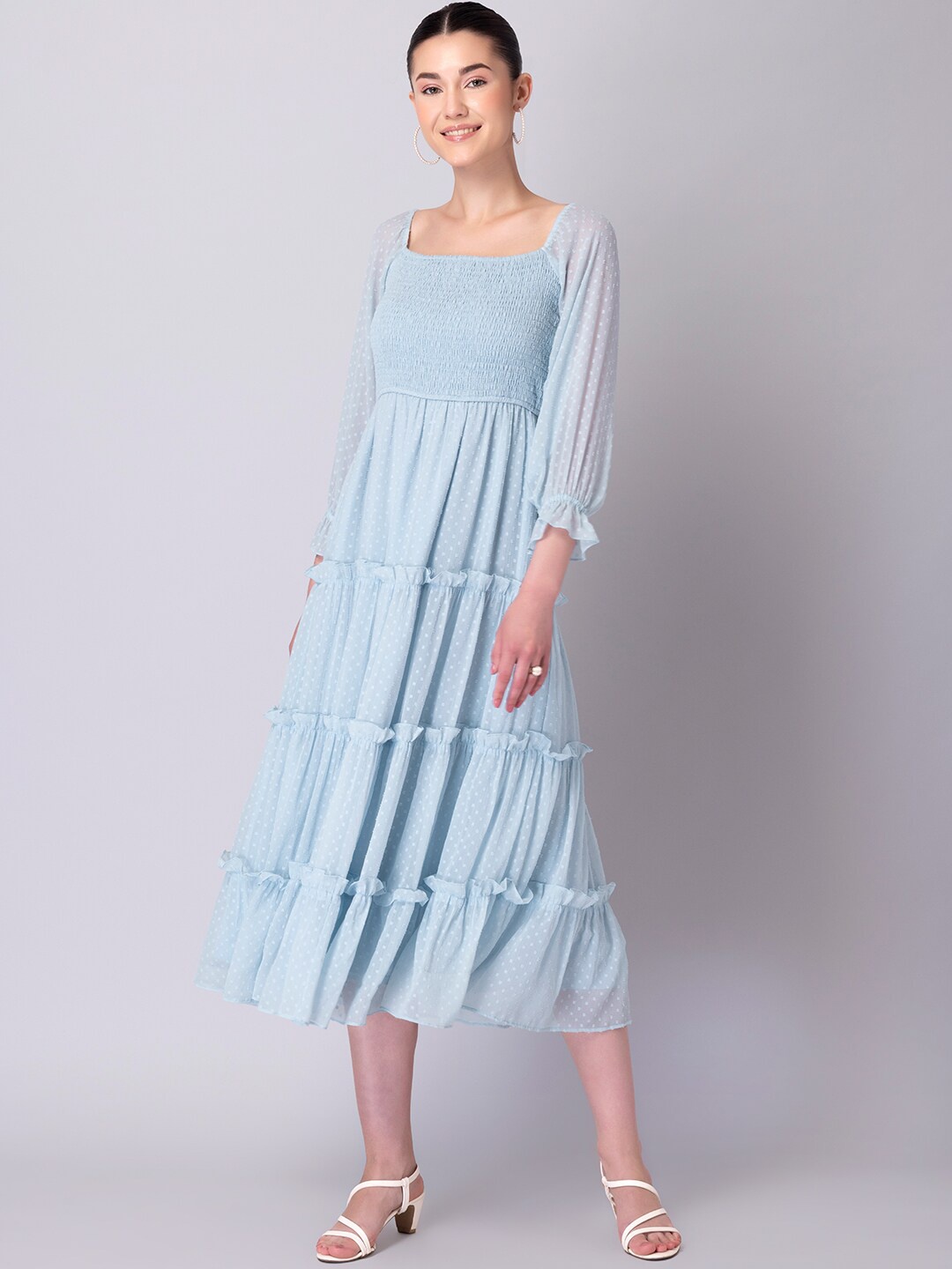 

FabAlley Blue Striped Georgette Empire Midi Dress