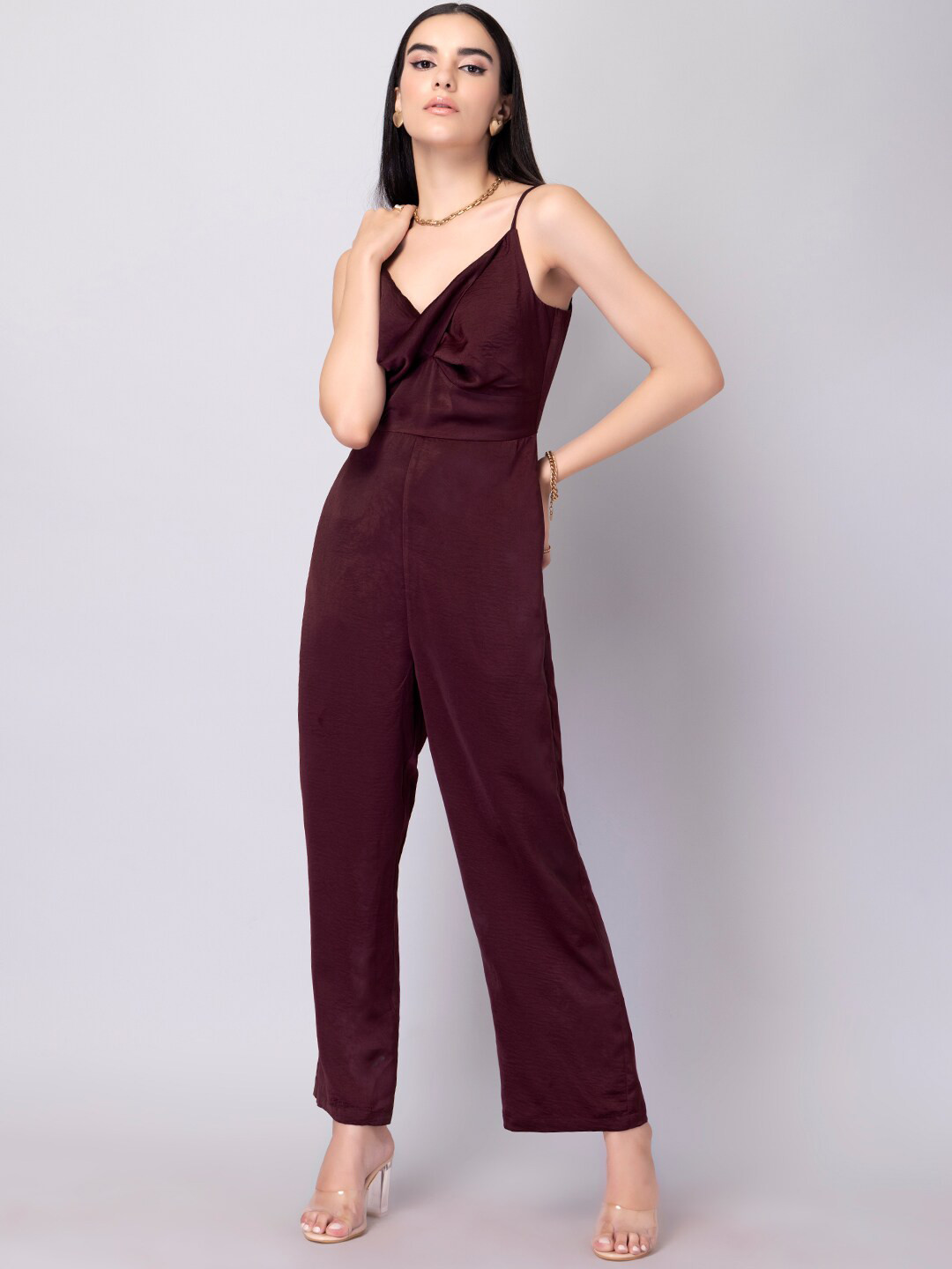 

FabAlley Maroon Solid Shoulder Strap Basic Jumpsuit