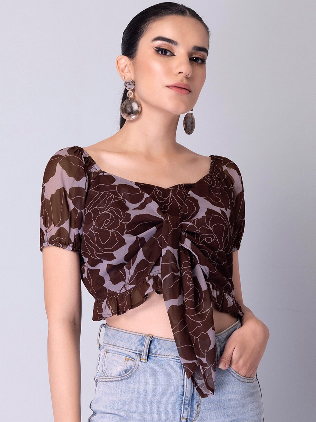

FabAlley Purple Floral Print Georgette Crop Top