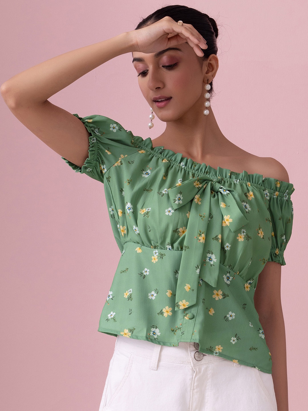 

FabAlley Green Print Georgette Top