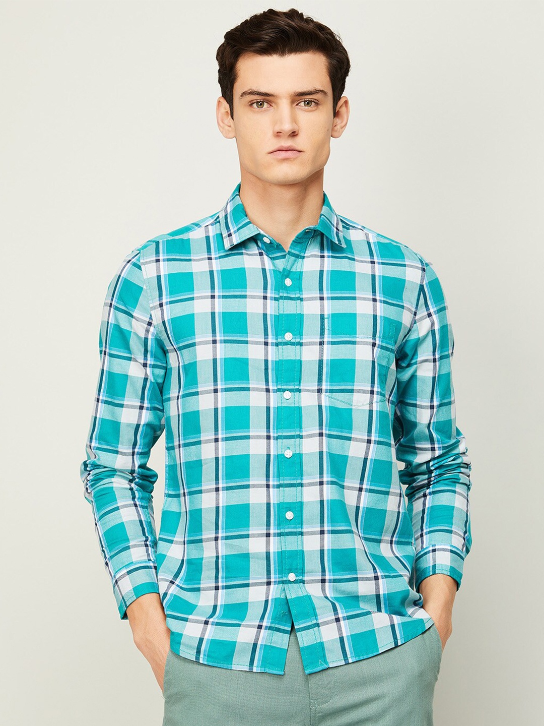 

Fame Forever by Lifestyle Men Teal Tartan Checks Checked Casual Shirt
